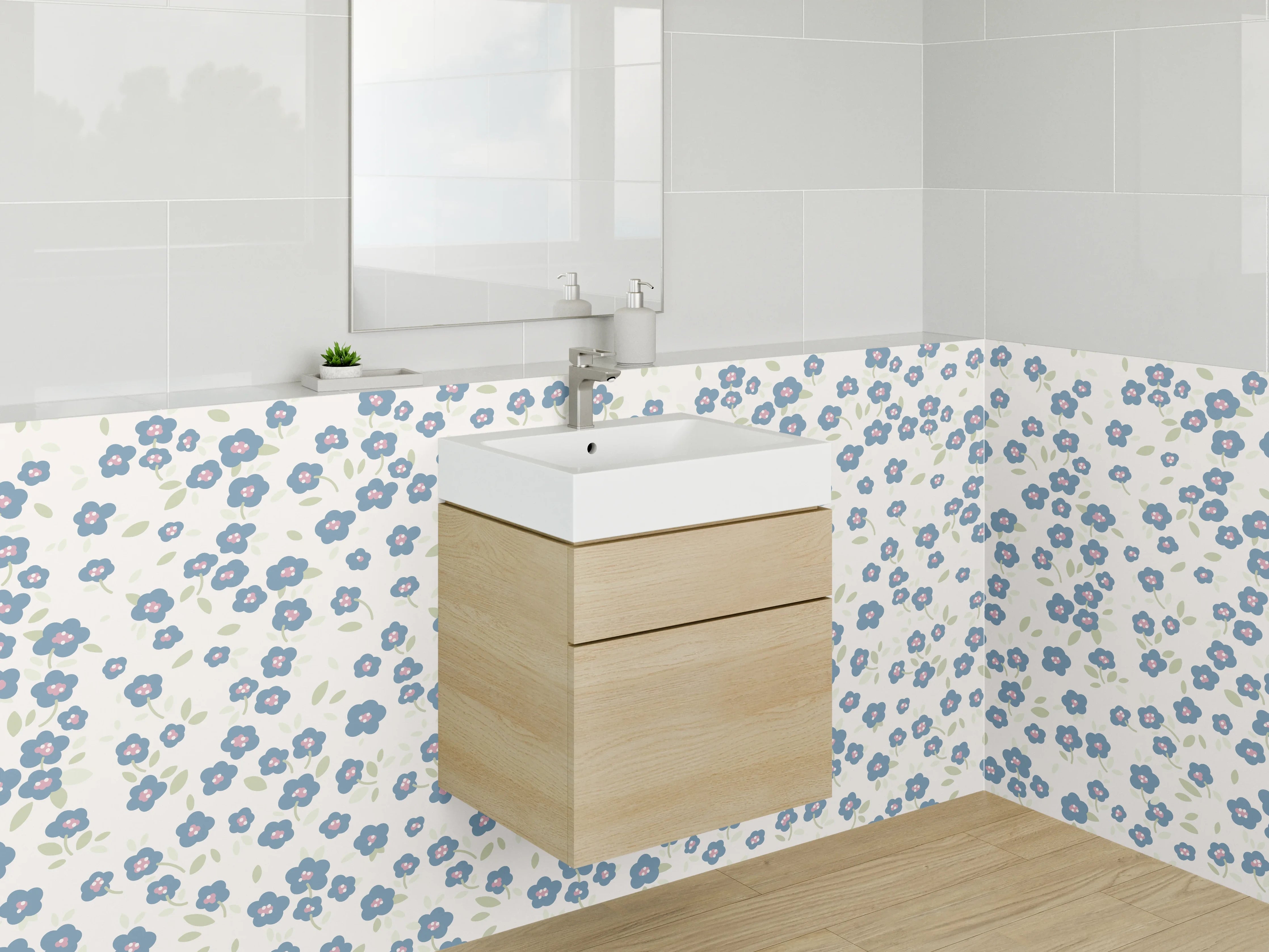 Waschbecken-Rückwand - Zartes Blumenmuster Blau Weiß