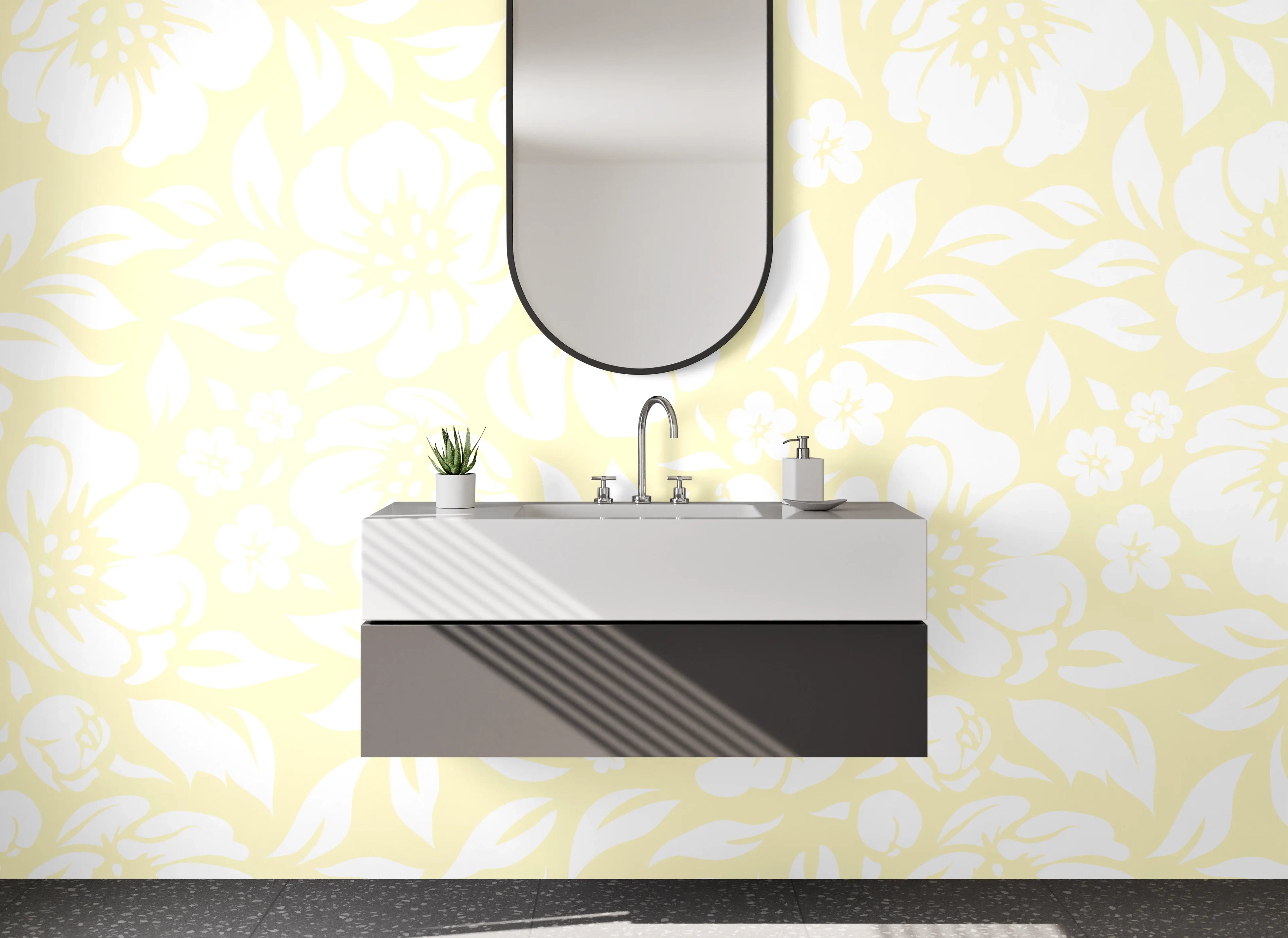 Waschbecken-Rückwand - Zartes Blumenmuster Weiß Gelb Elegant
