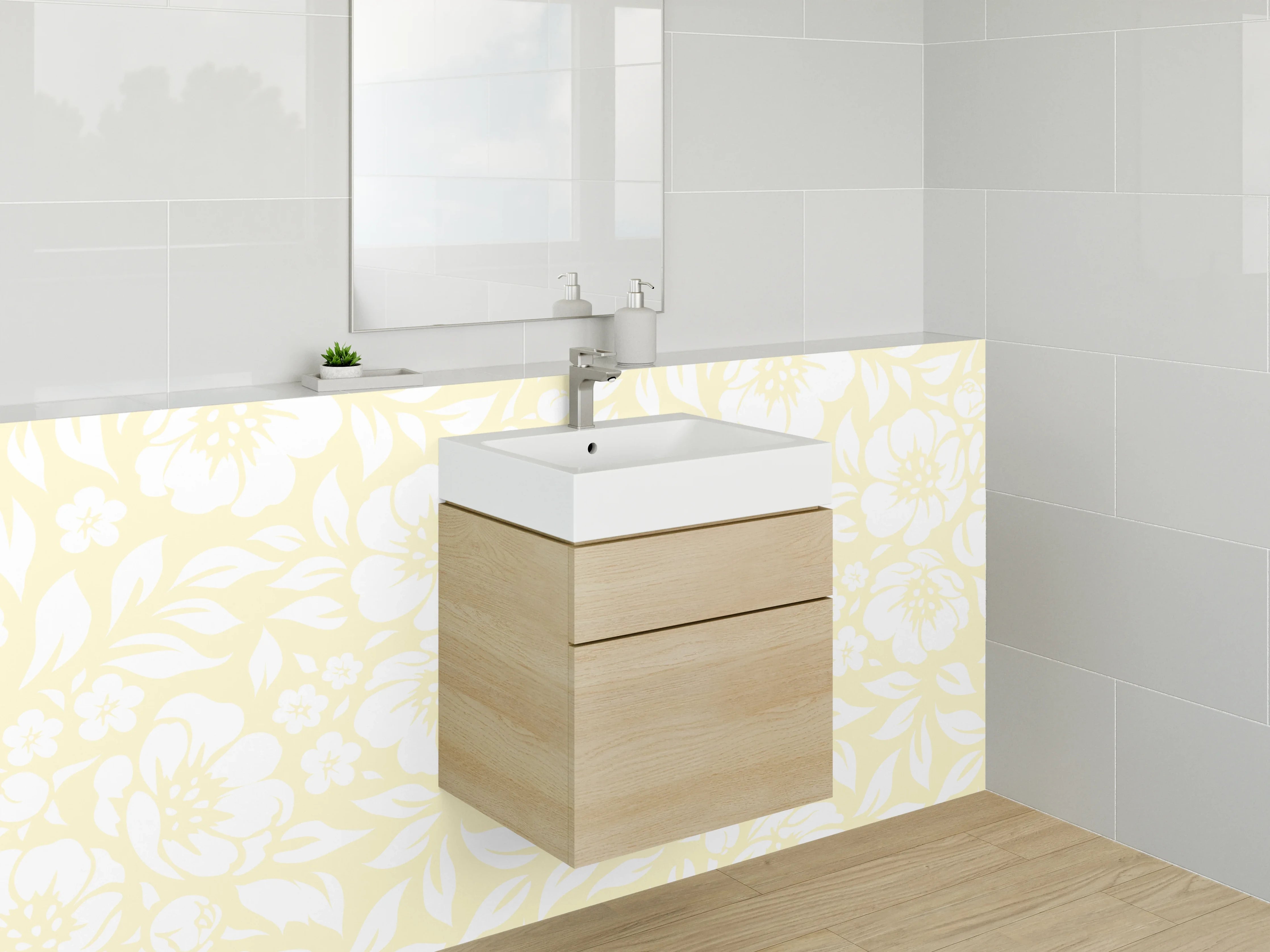 Waschbecken-Rückwand - Zartes Blumenmuster Weiß Gelb Elegant