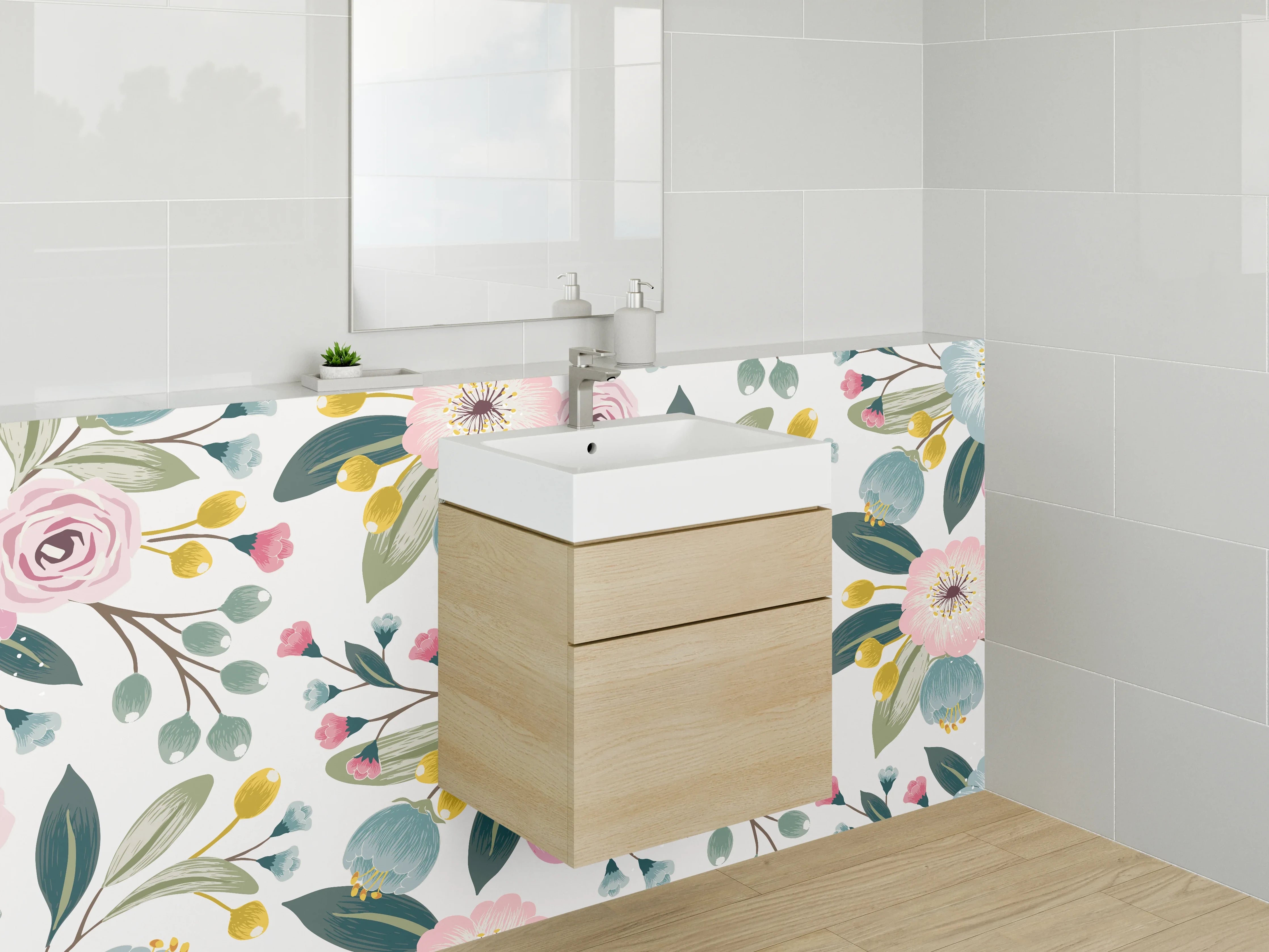 Waschbecken-Rückwand - Zartes Blumenmuster in Pastellfarben