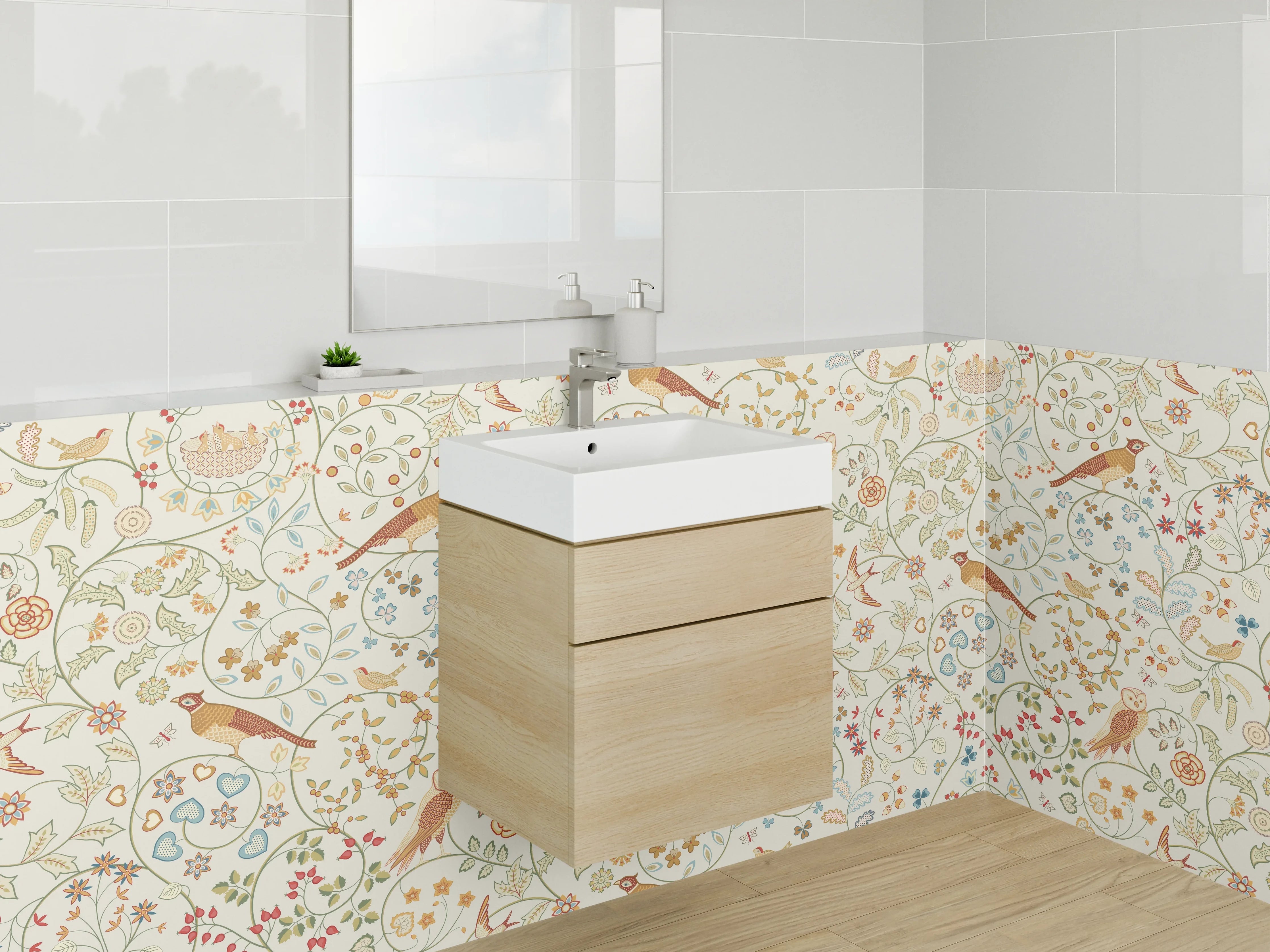 Waschbecken-Rückwand - Zartes Blumenzweig-Muster in Pastellfarben