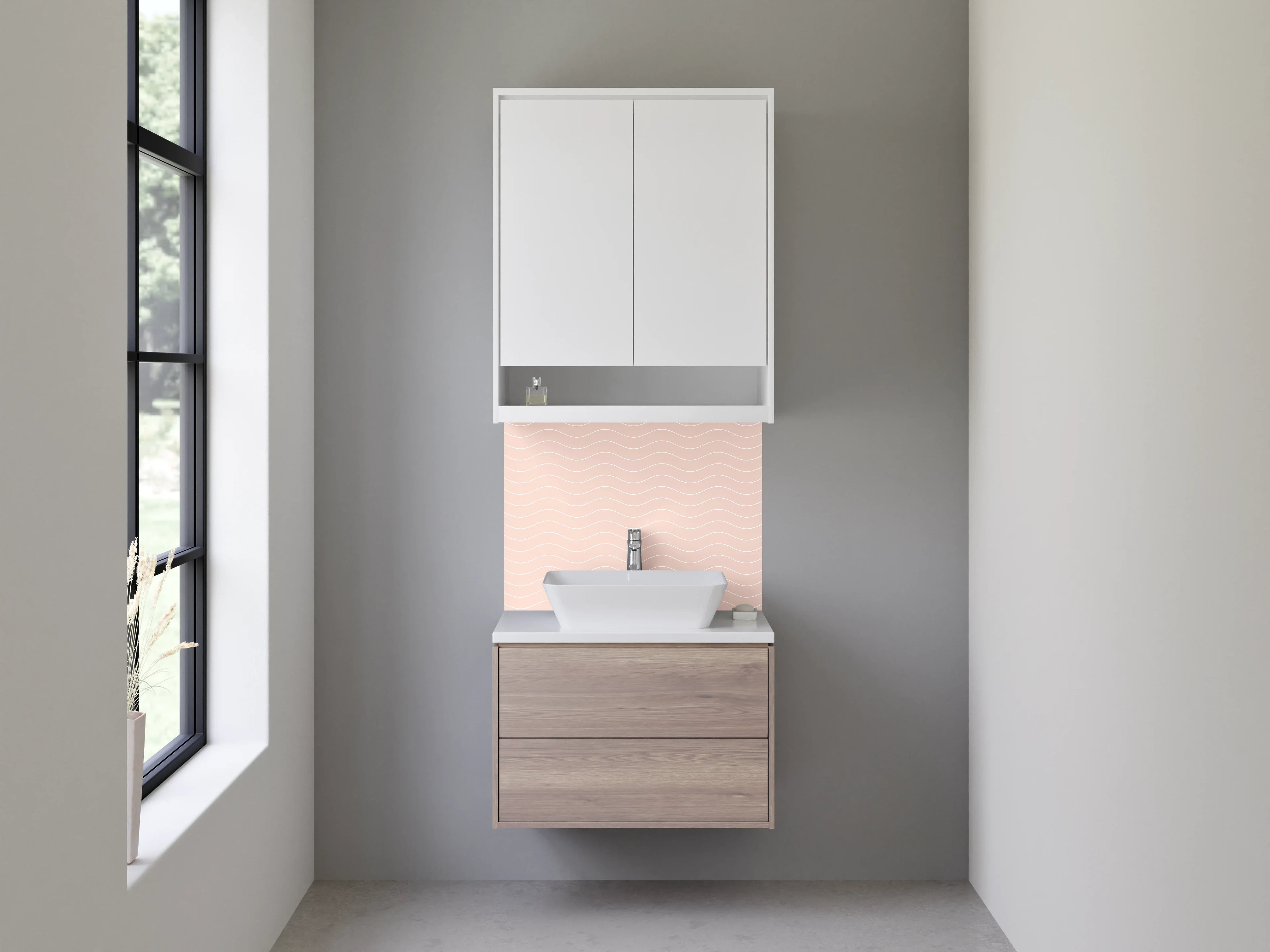 Waschbecken-Rückwand - Zartes Wellenmuster in Beige Rosa