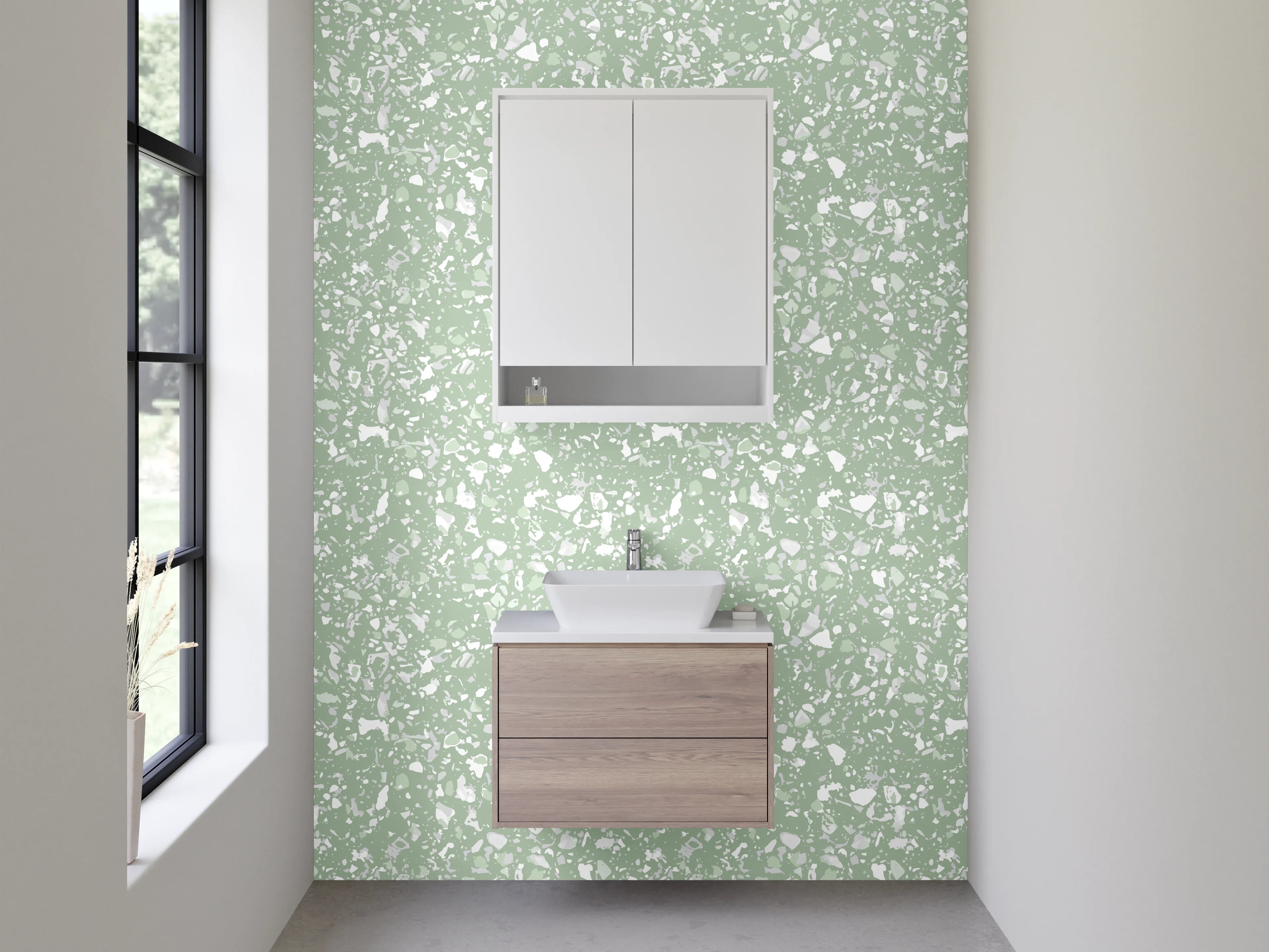 Waschbecken-Rückwand - Zartes florales Muster Grün Weiß