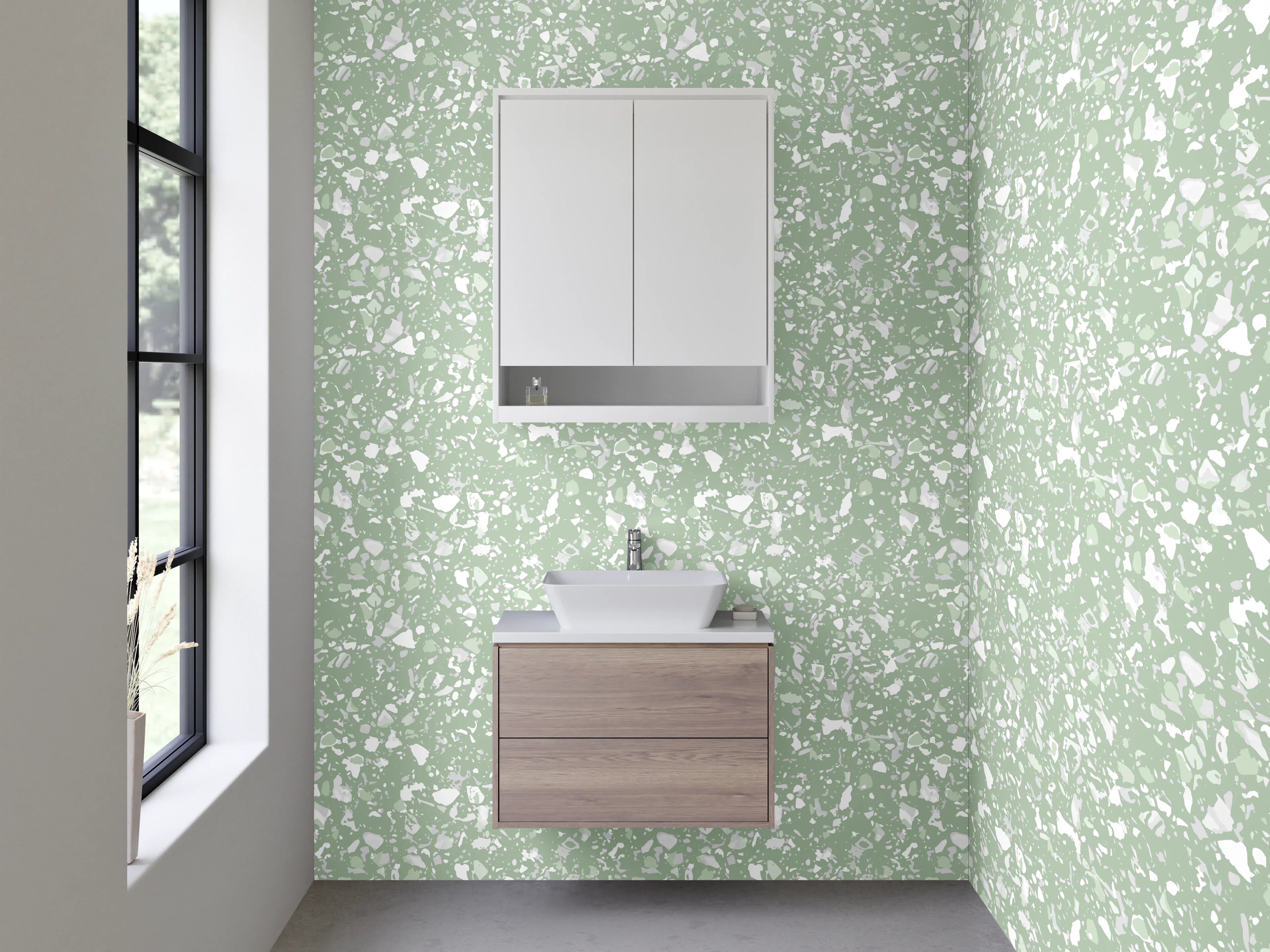 Waschbecken-Rückwand - Zartes florales Muster Grün Weiß