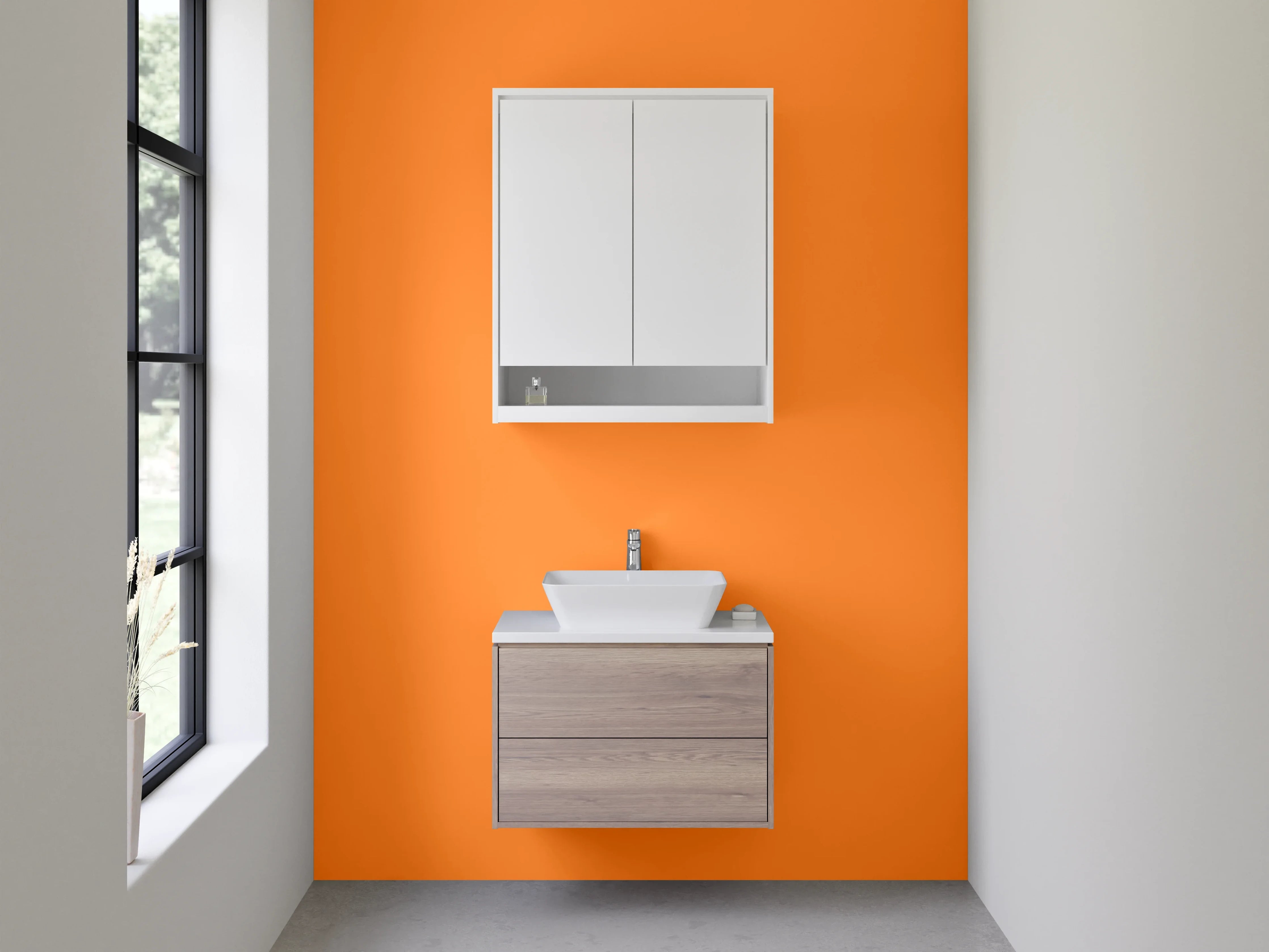 Waschbecken-Rückwand - Zartgrau trifft Blassorange Eleganz