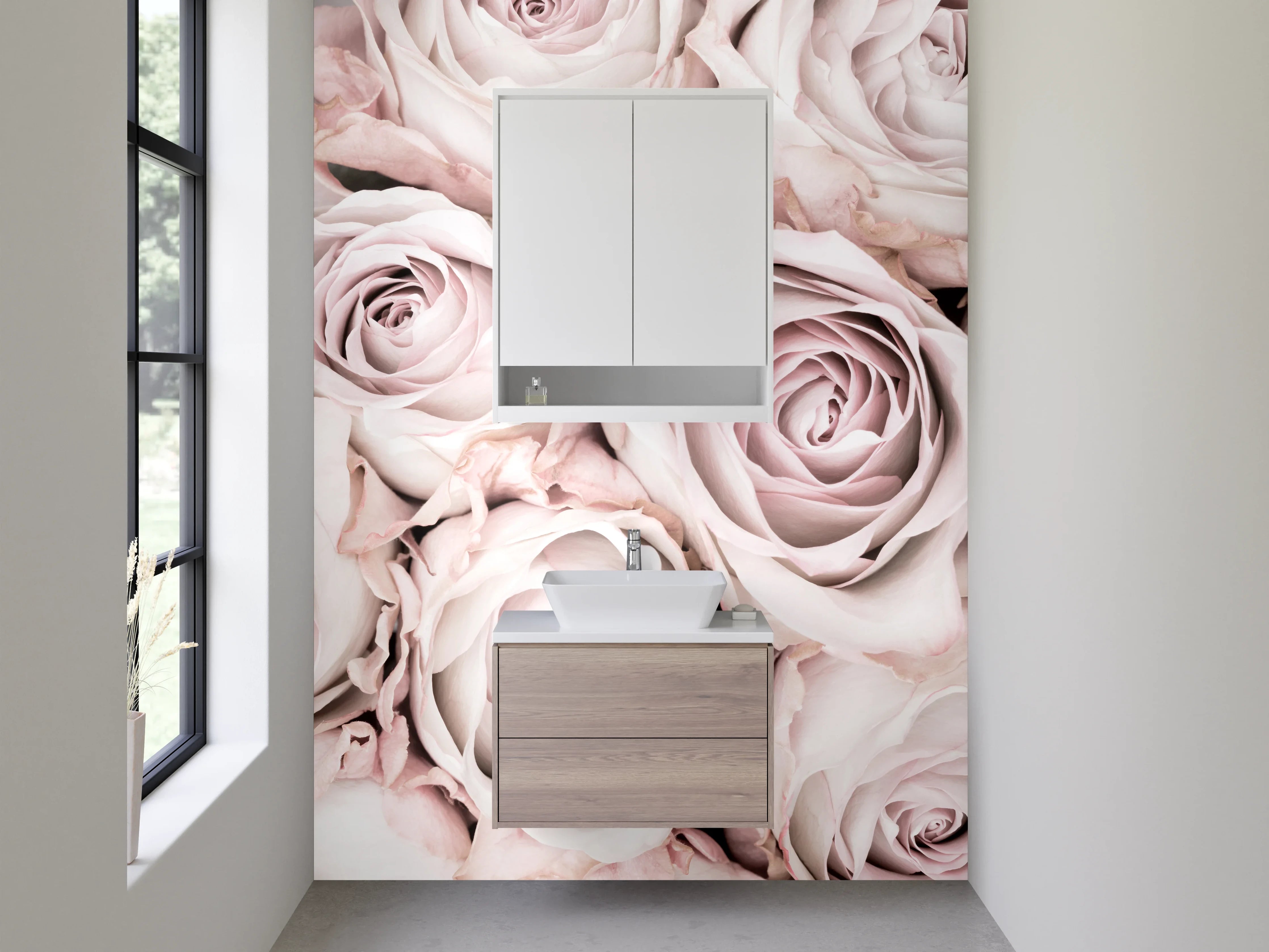 Waschbecken-Rückwand - Zartrosa Rosen in Nahaufnahme