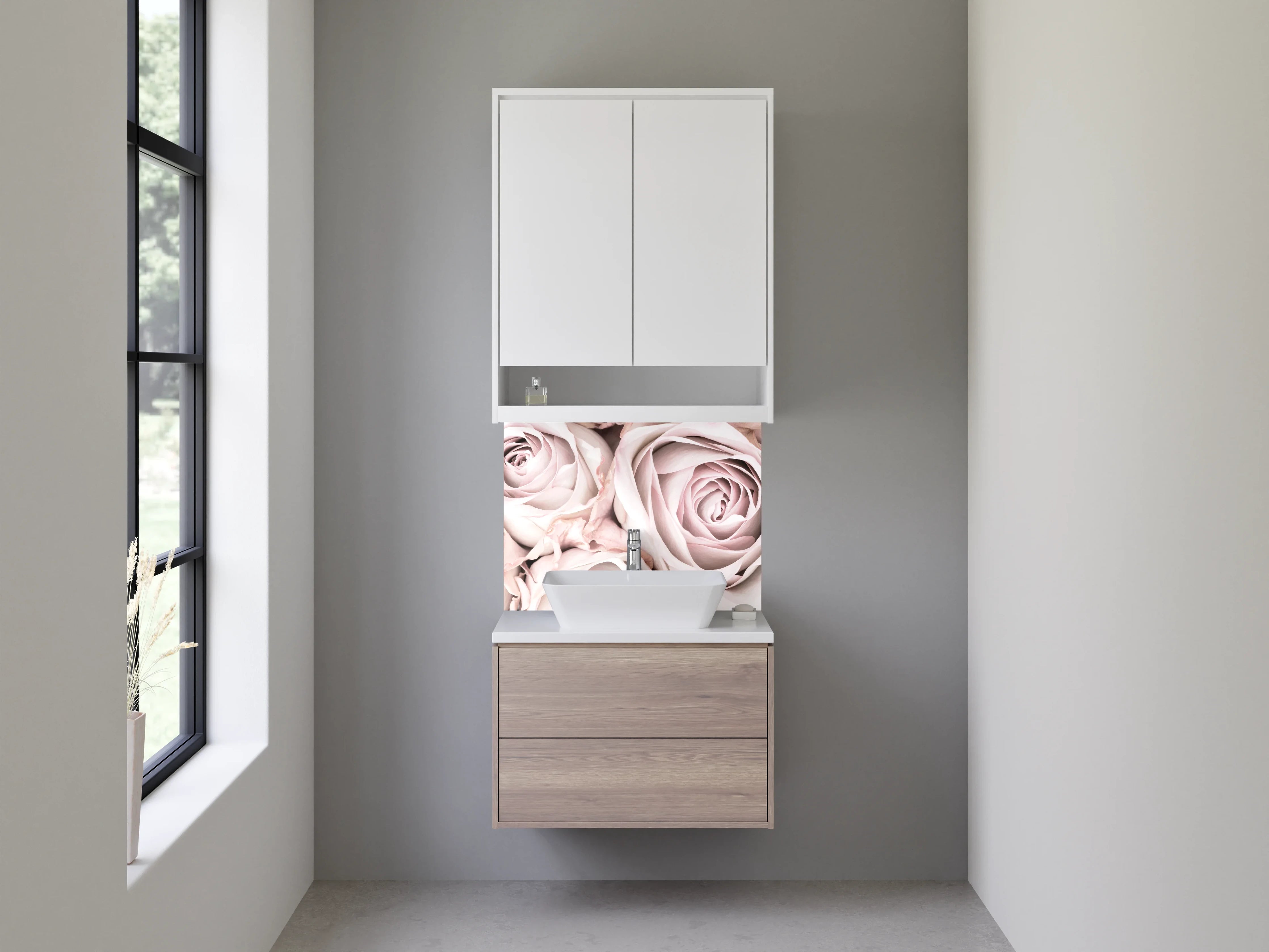 Waschbecken-Rückwand - Zartrosa Rosen in Nahaufnahme