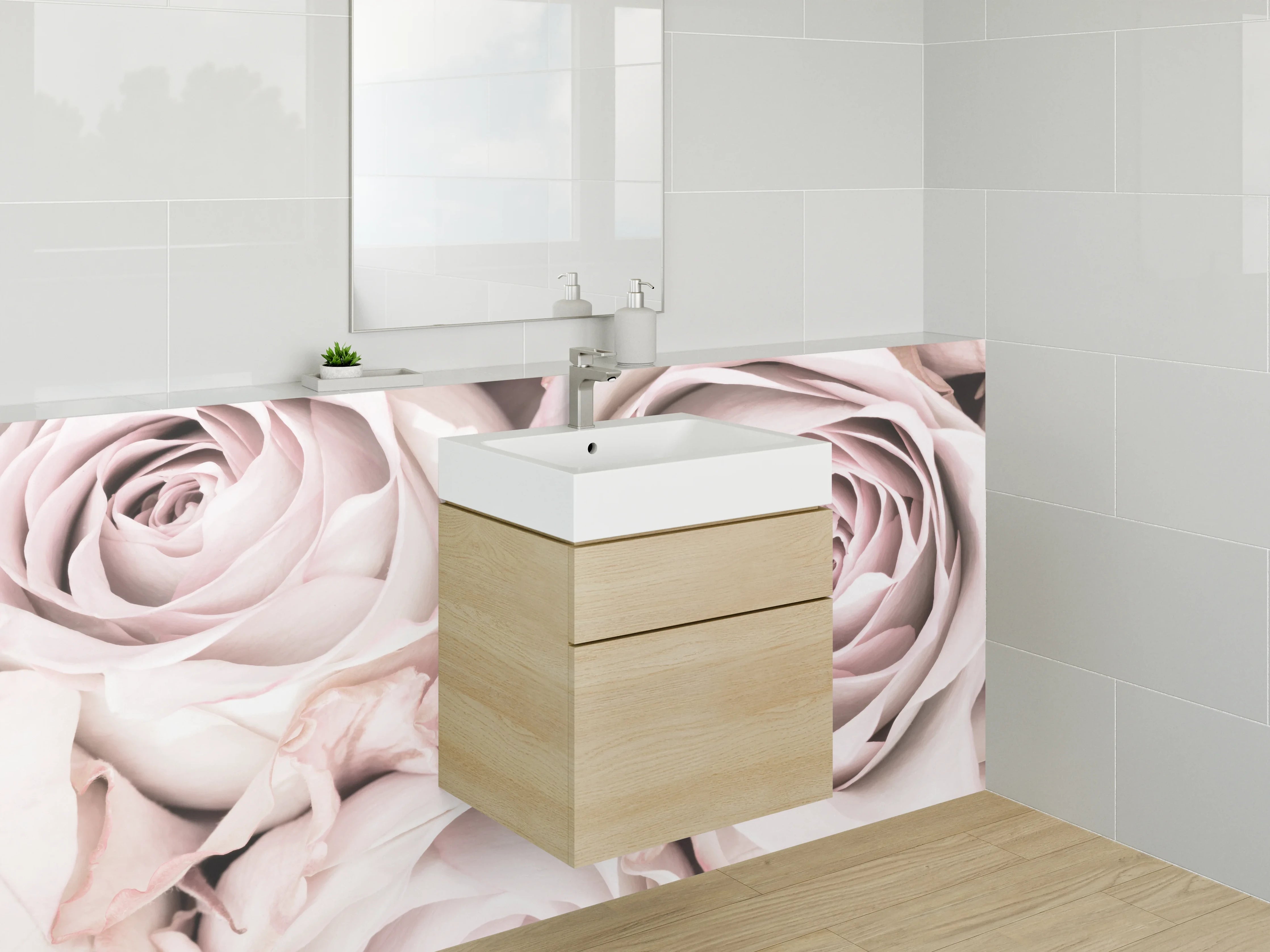 Waschbecken-Rückwand - Zartrosa Rosen in Nahaufnahme