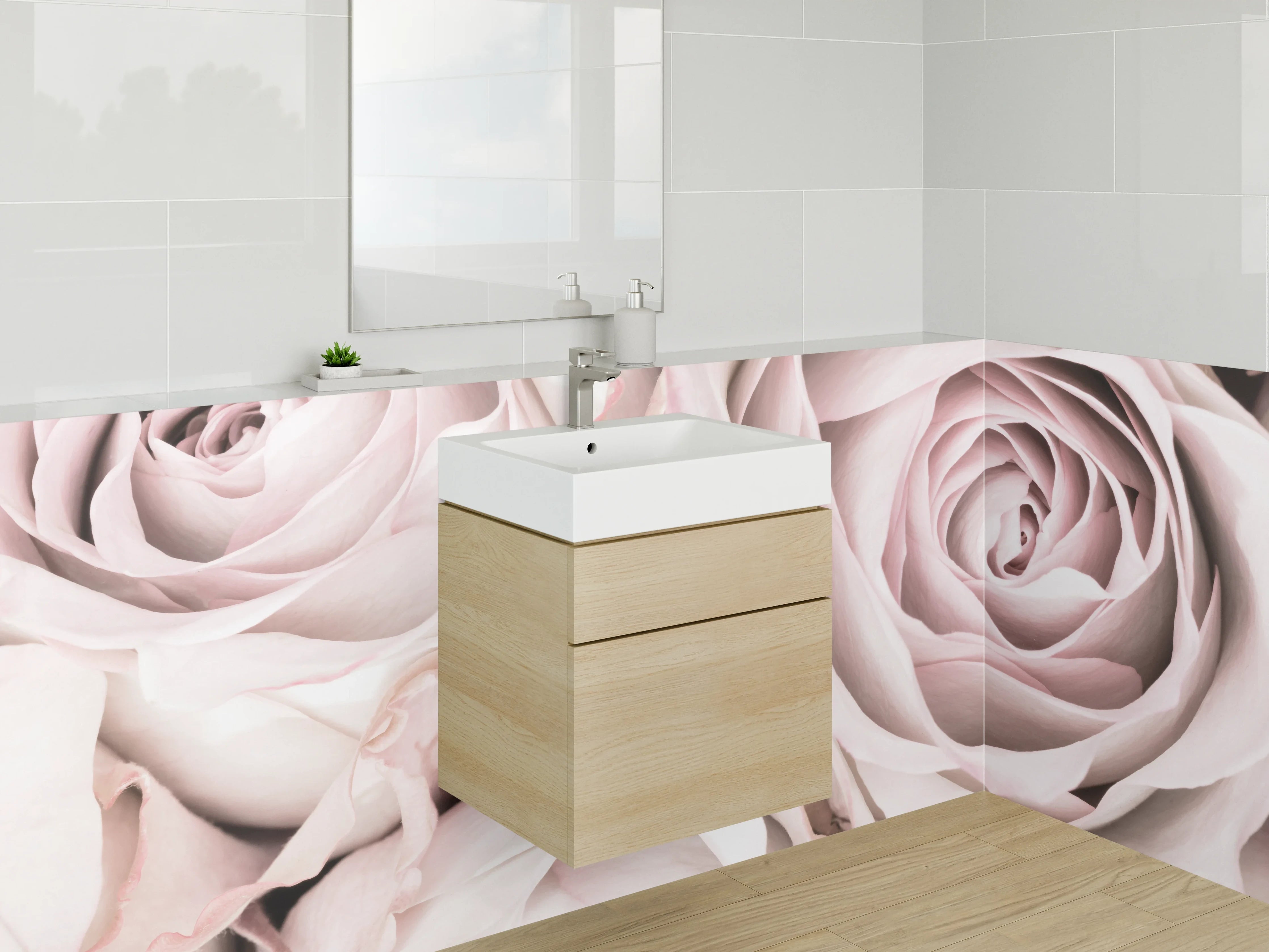 Waschbecken-Rückwand - Zartrosa Rosen in Nahaufnahme