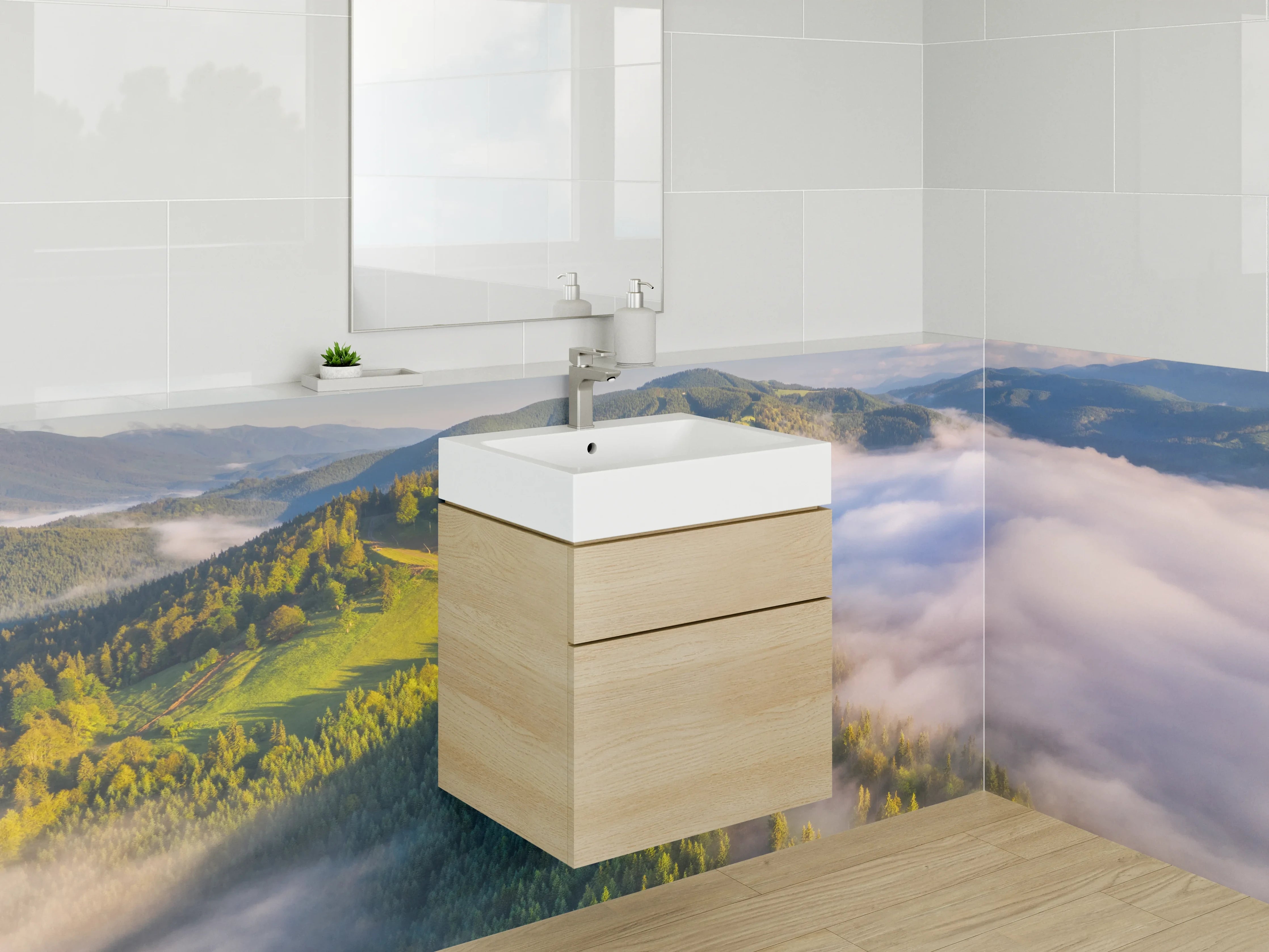 Waschbecken-Rückwand - Zeitgemäße Grau-Weiße Waschrückwand fürs Bad