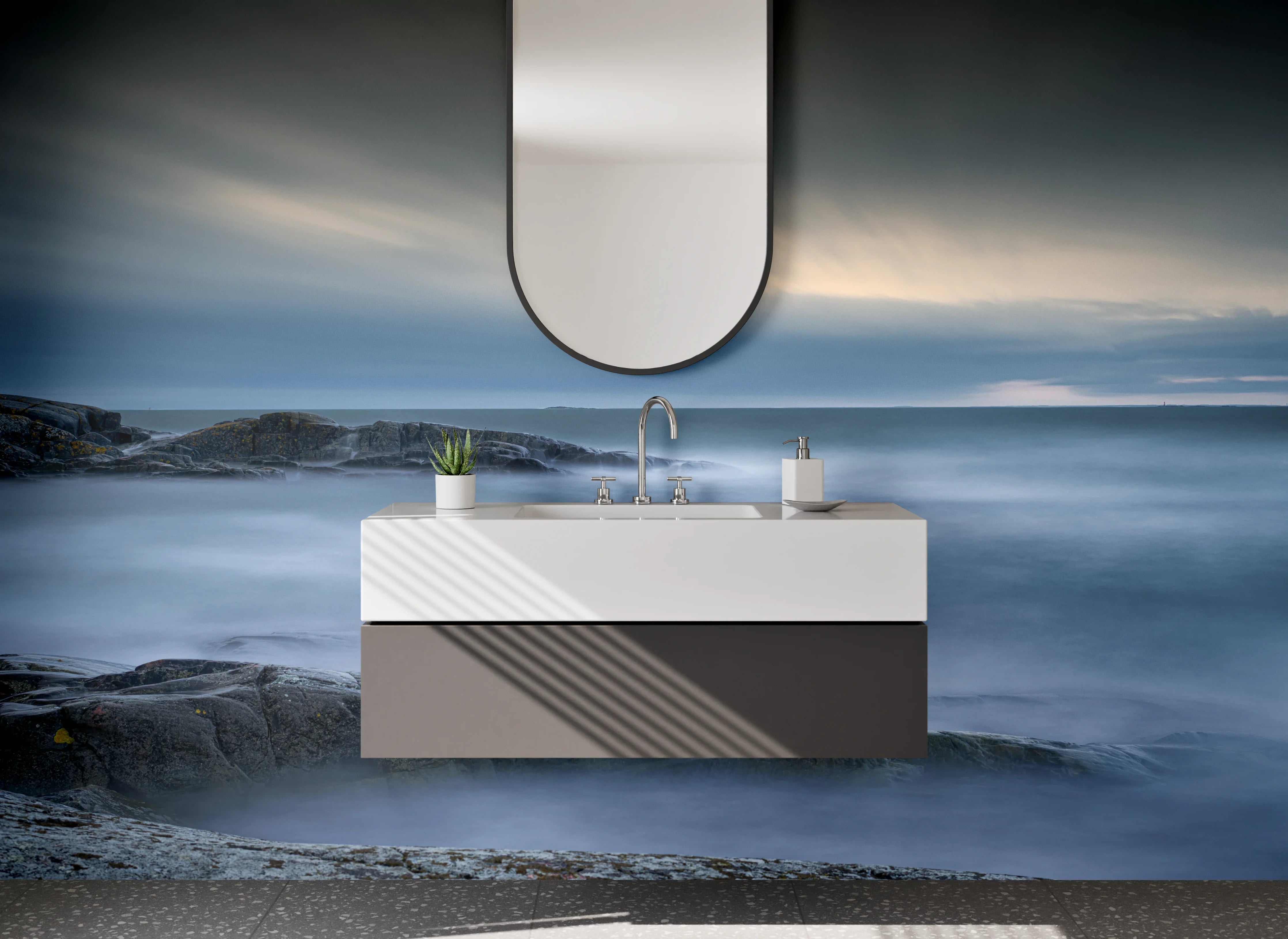 Waschbecken-Rückwand - Zeitloses Grauwaschbecken-Design