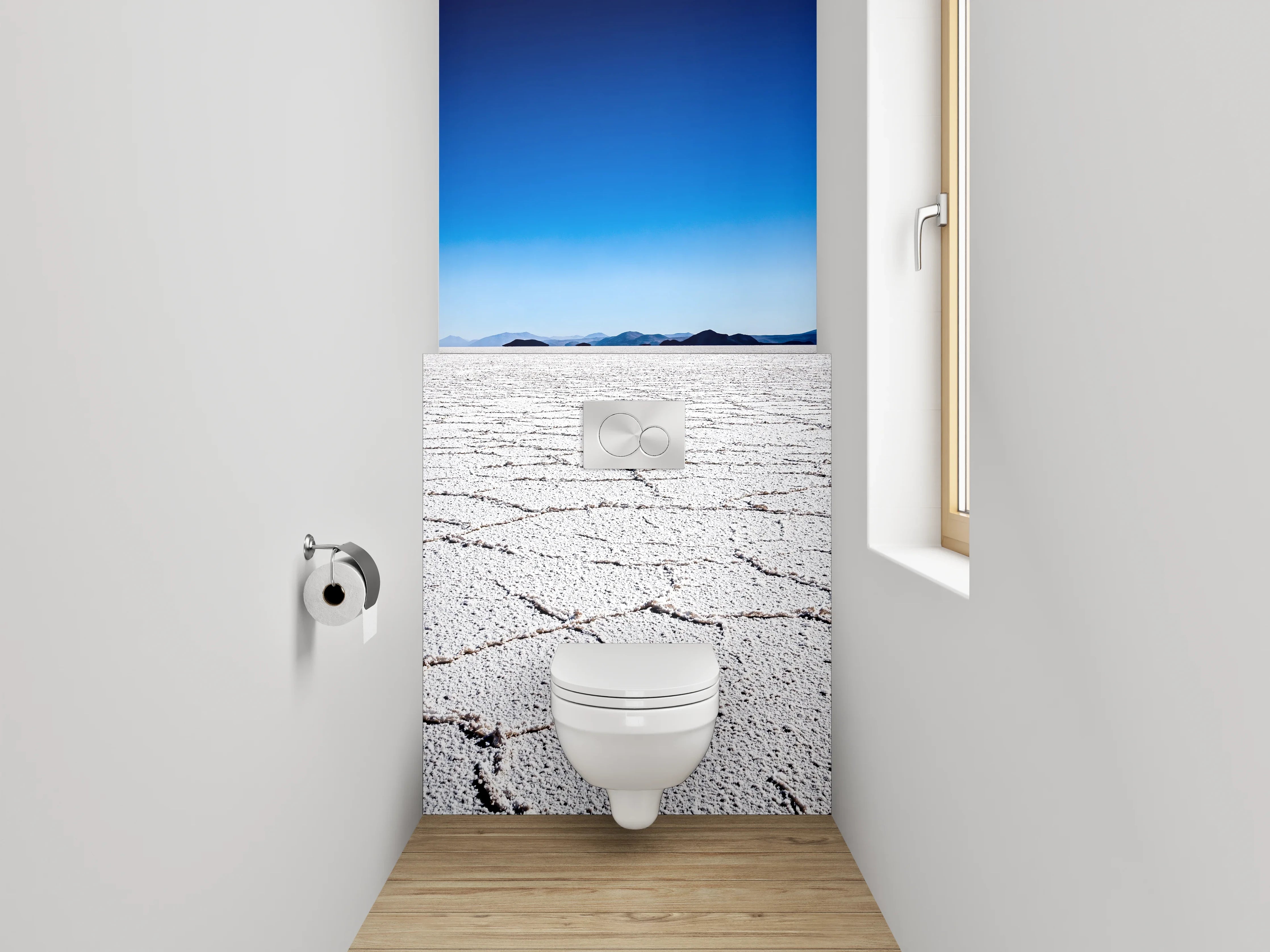 WC-Rückwand - Salzwüste unter klarem Himmel – weiß/grau
