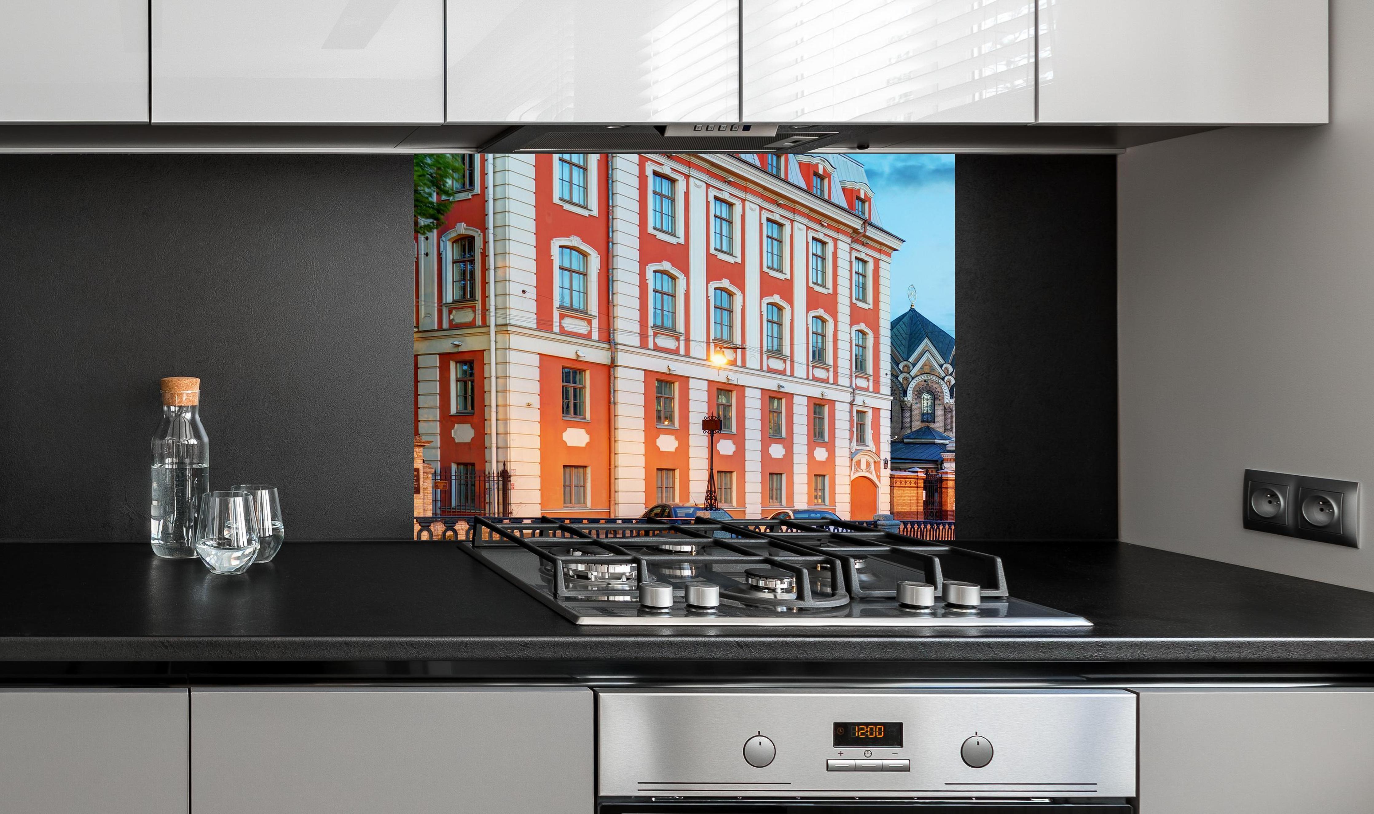 Spritzschutz - Spritzschutz - St. Petersburg Blutskirche bei Nacht an edler Anthrazit-Wand hinter silbernem Gasherd