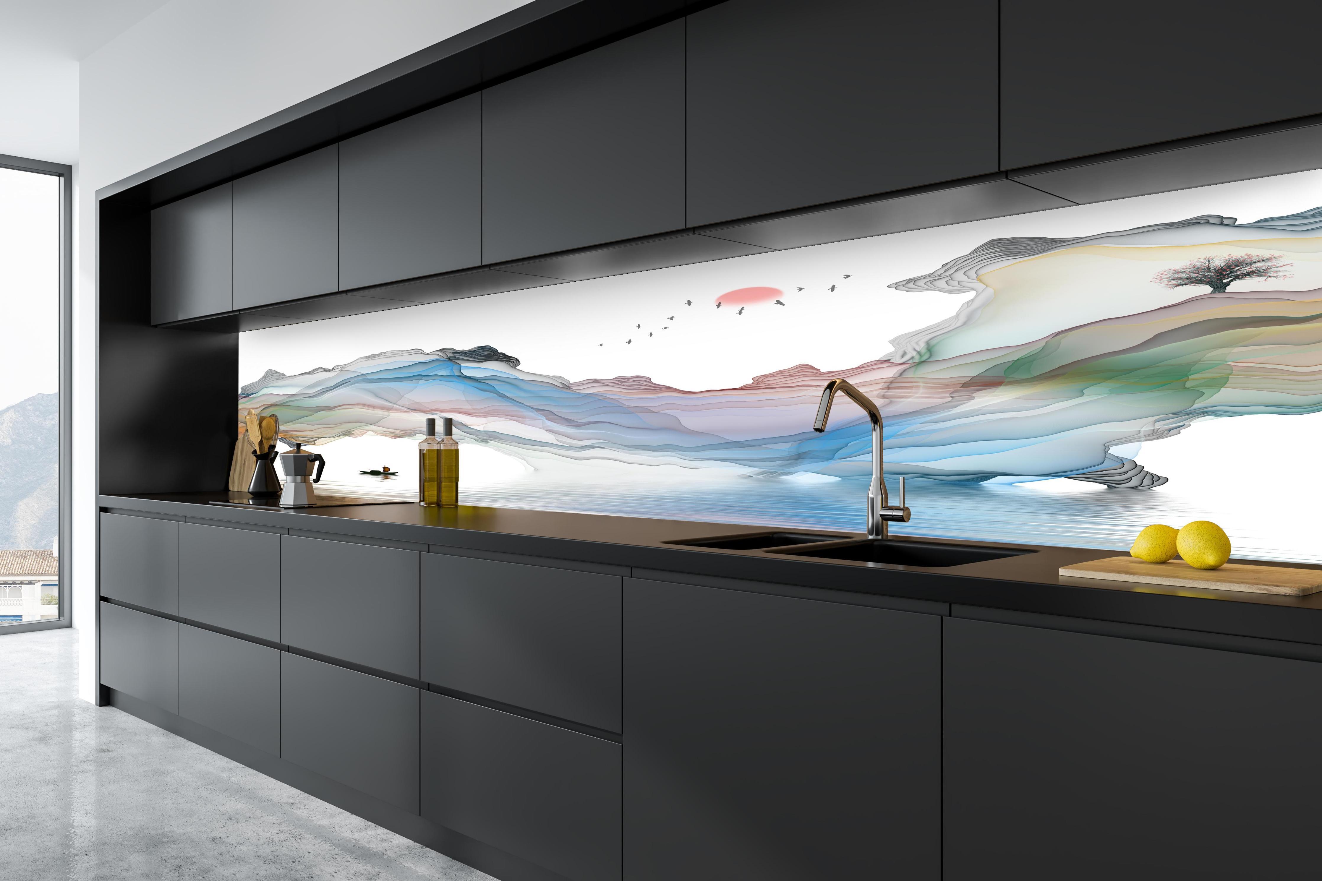 Küchenrückwand - Modernes Wasserfarben Gemälde Boot Vögel See