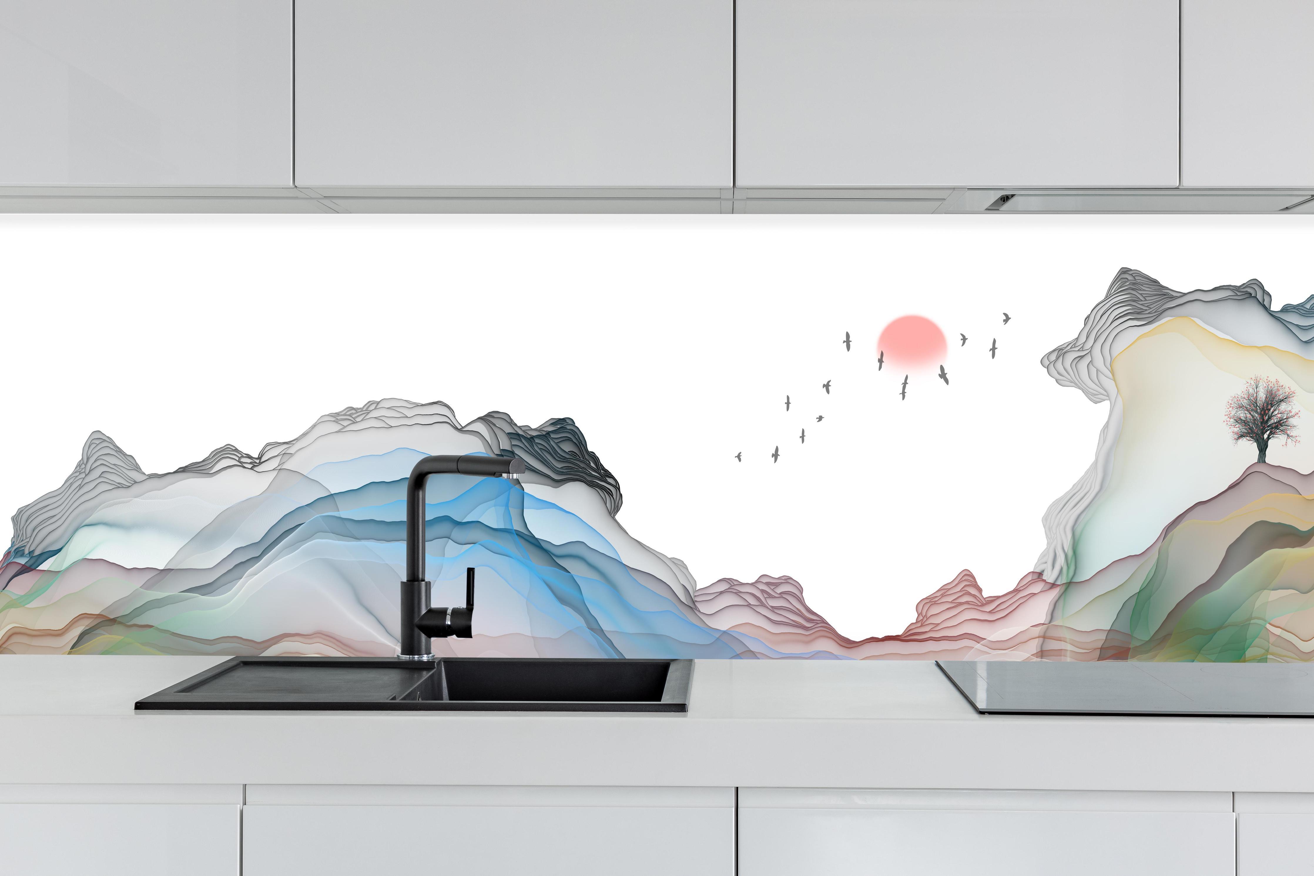 Küchenrückwand - Modernes Wasserfarben Gemälde Boot Vögel See