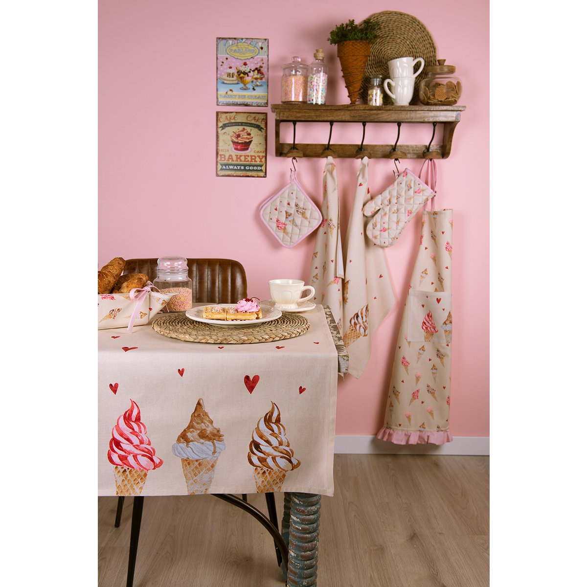 Küchenschürze 70 x 85 cm, Beige, Rosa, Baumwolle, Eiscreme-Grillschürze