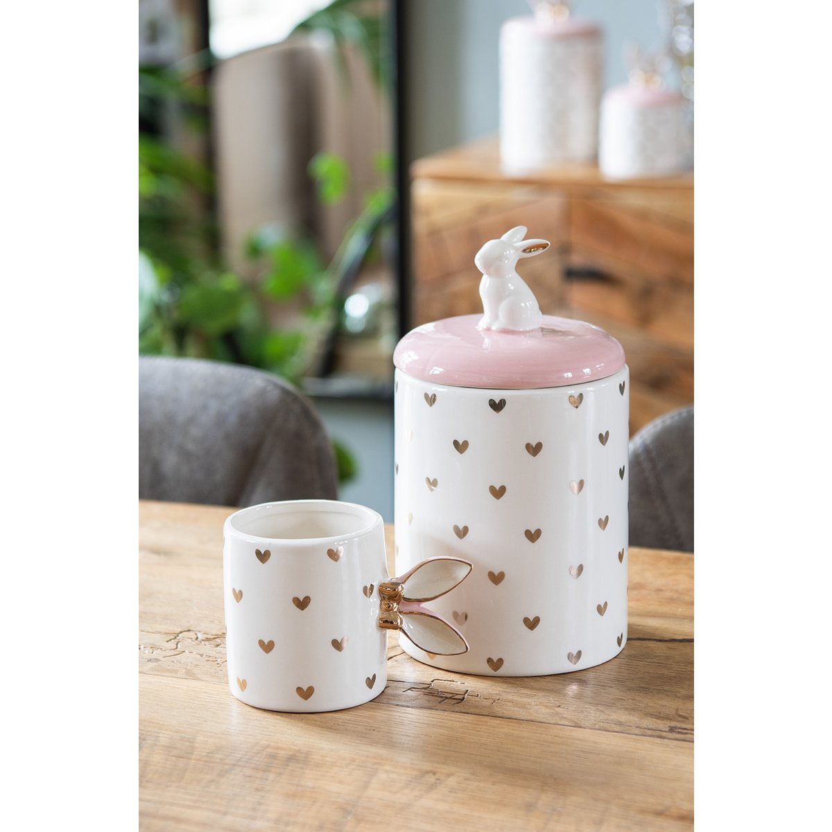 Stock Jar Kaninchen Ø 13x30 cm rosa weißer Keramikherz -Herzensgläser Deckel