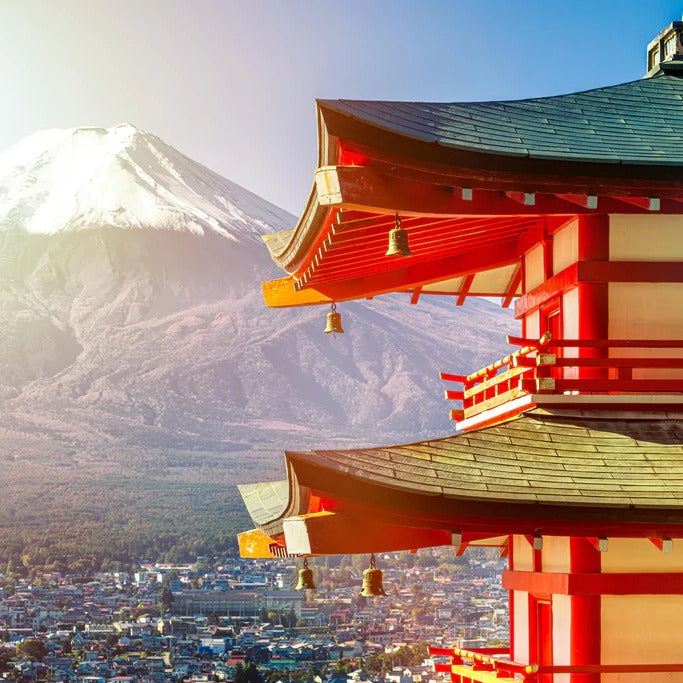 Küchenrückwand - Sonnenaufgang des Berges Fuji und rote Pagode