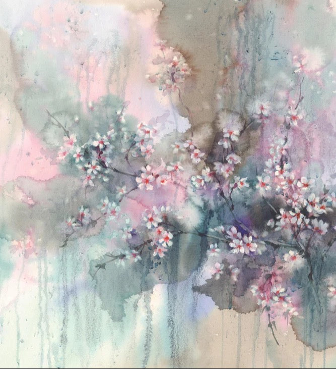 Duschrückwand - Japanische Kirchblüten mit Aquarell Muster