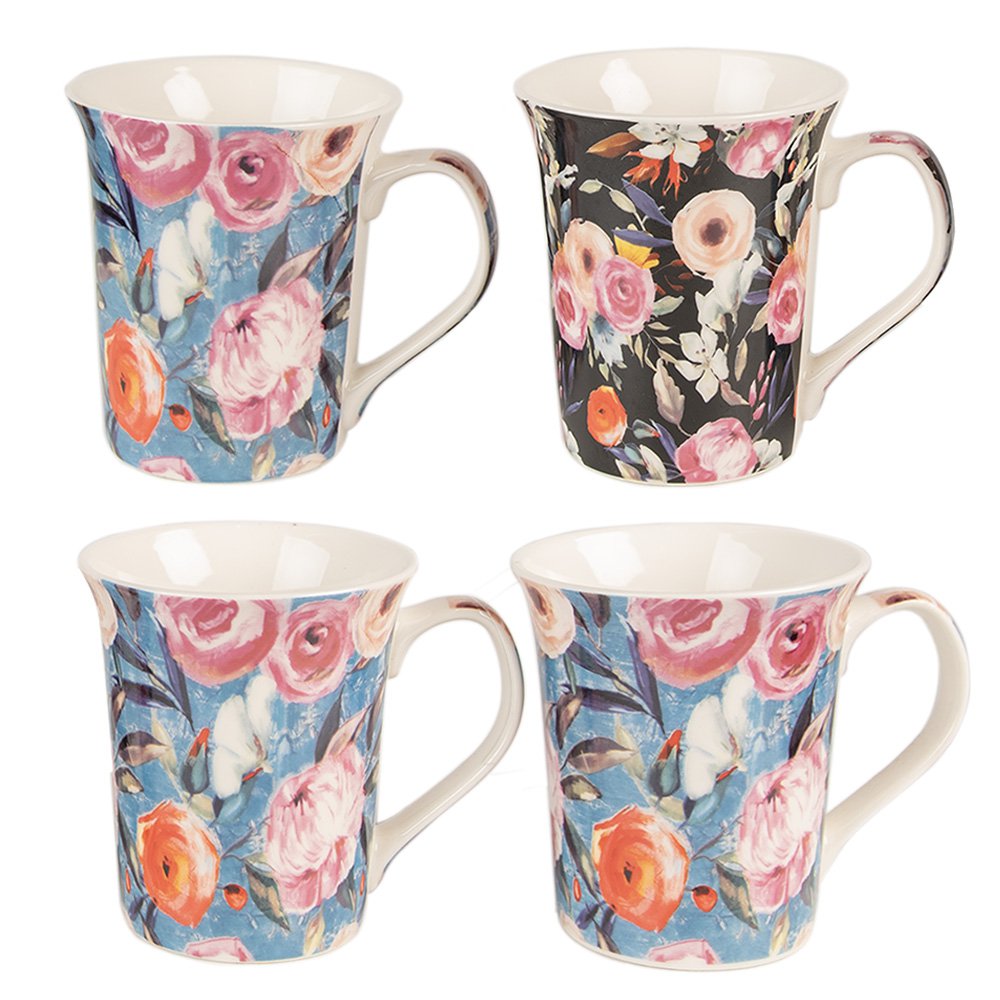 Becher -Set von 4 300 ml blau rosa Porzellanblüten