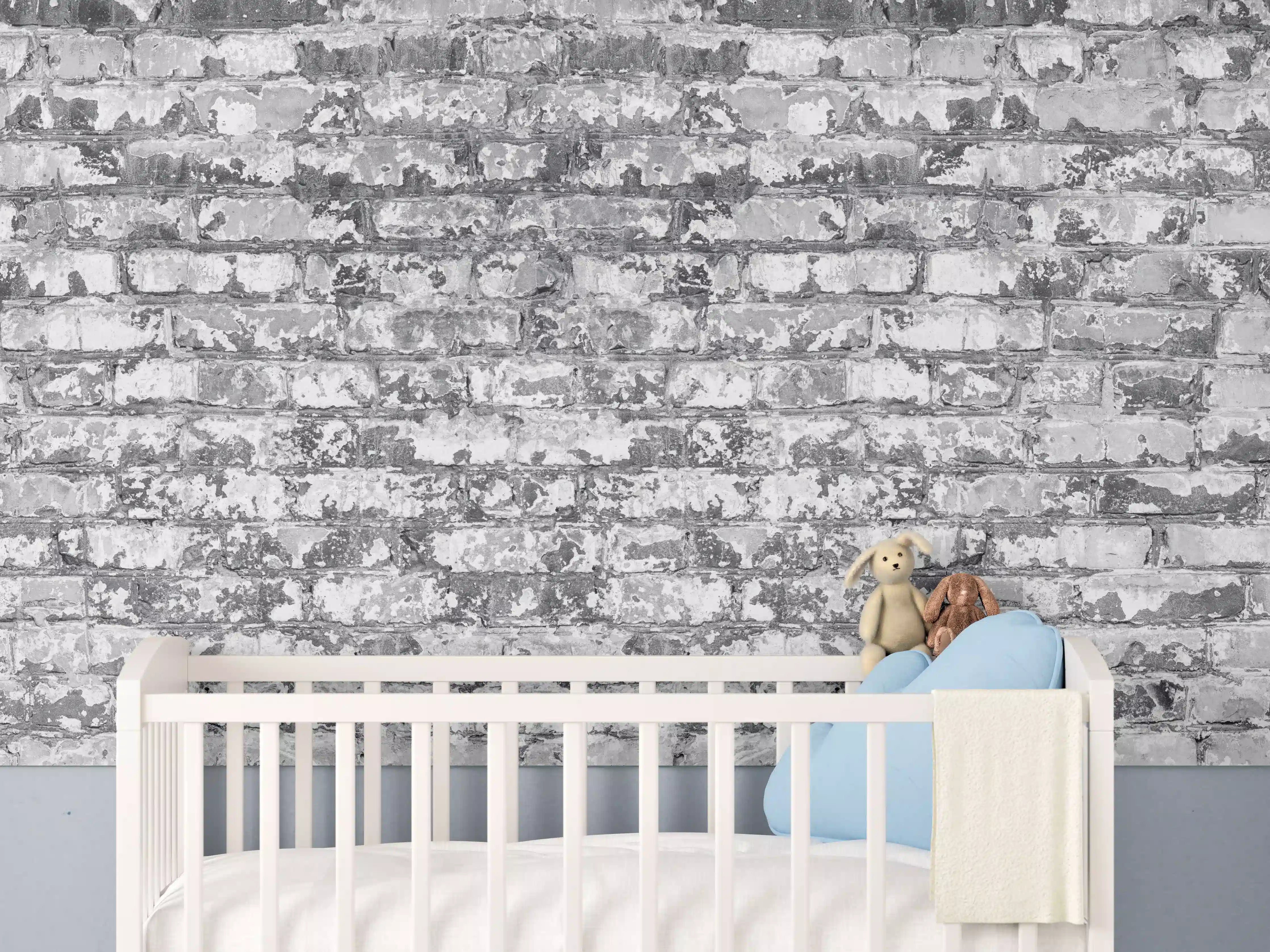 Babyzimmer Wandgestaltung -  Hellgraue verwitterte Vintage  Ziegelwand