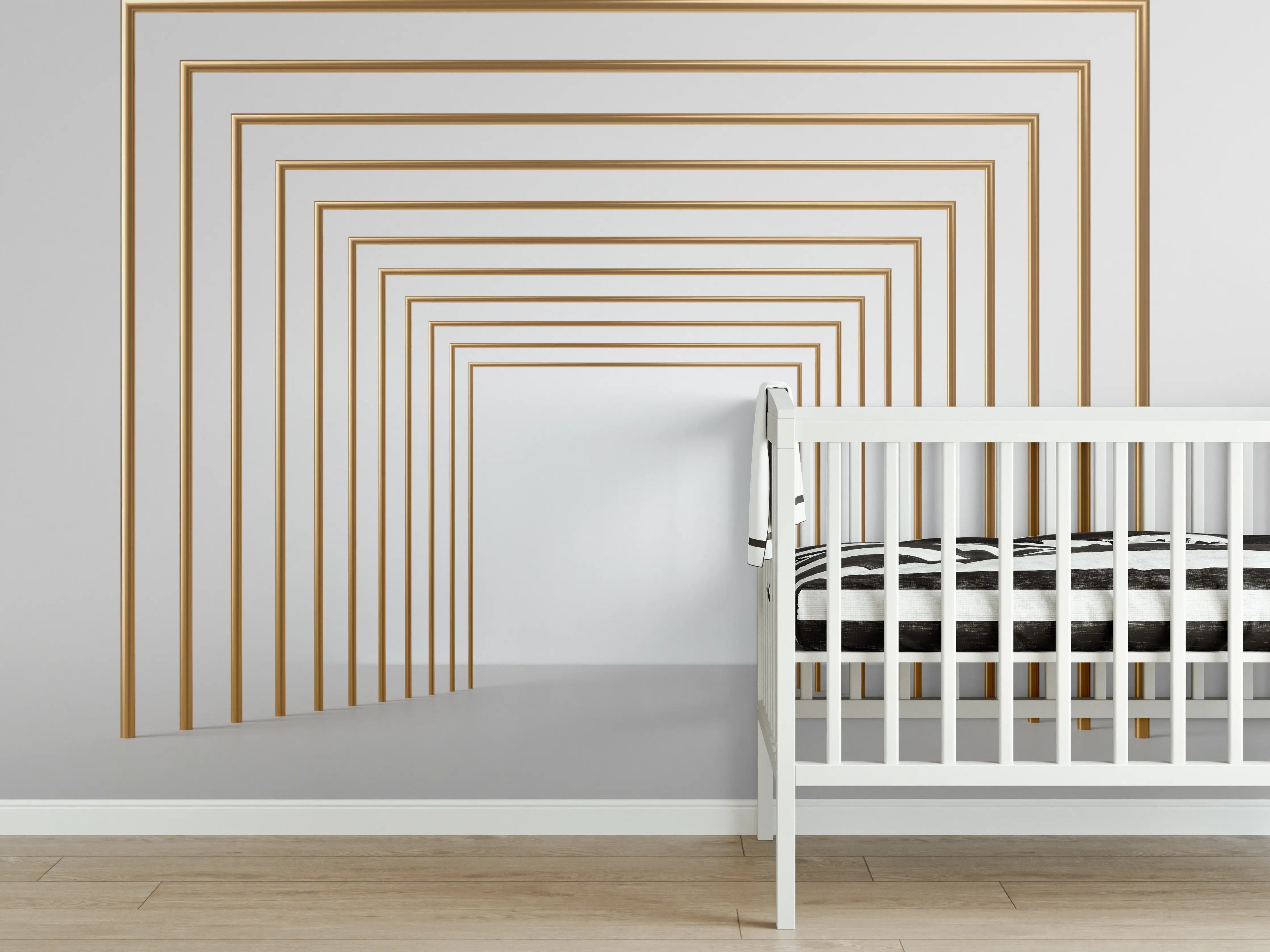 Babyzimmer Wandgestaltung - 3D-Design eines Tunnels mit vergoldeten Stangen