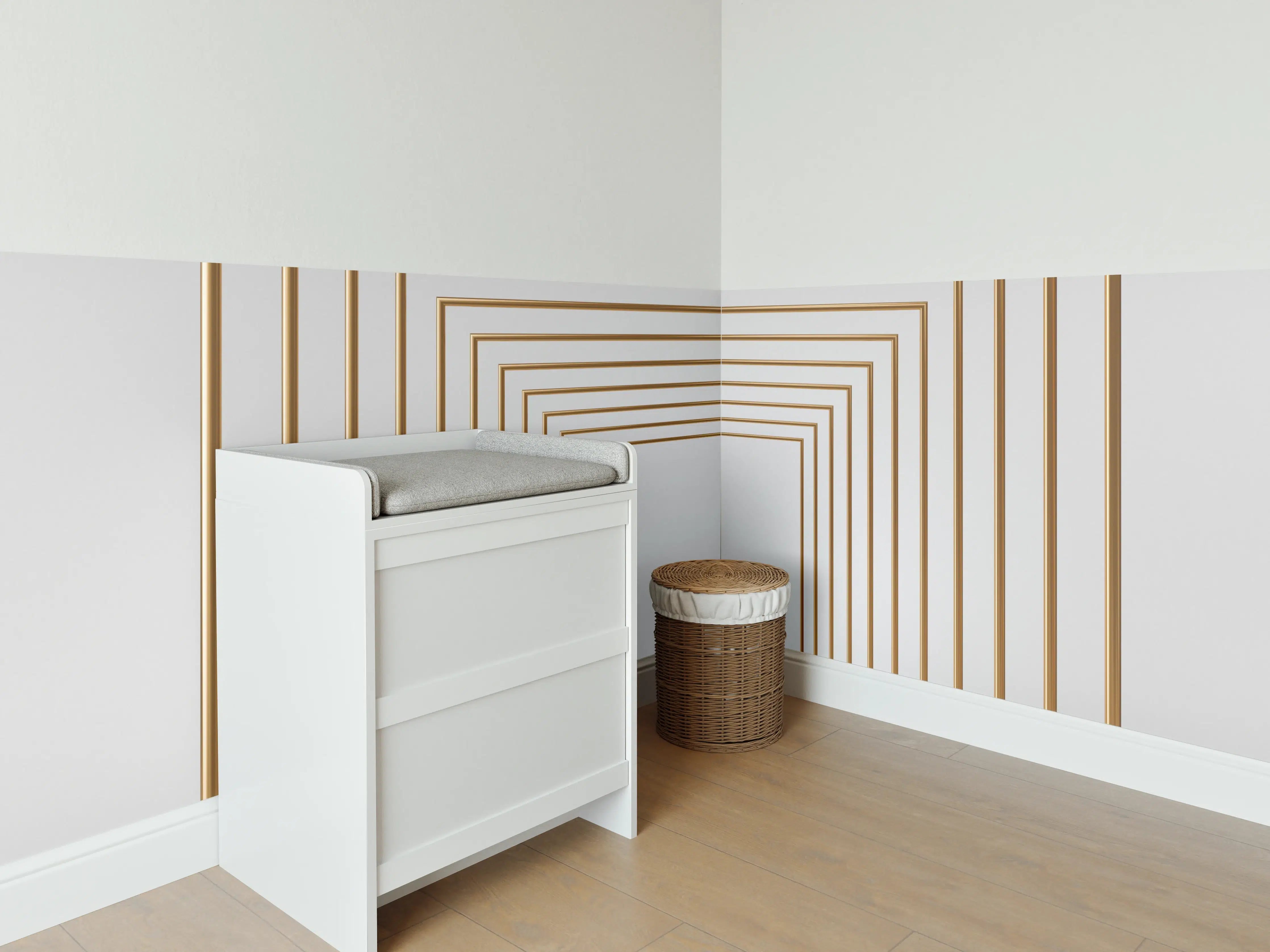 Babyzimmer Wandgestaltung - 3D-Design eines Tunnels mit vergoldeten Stangen