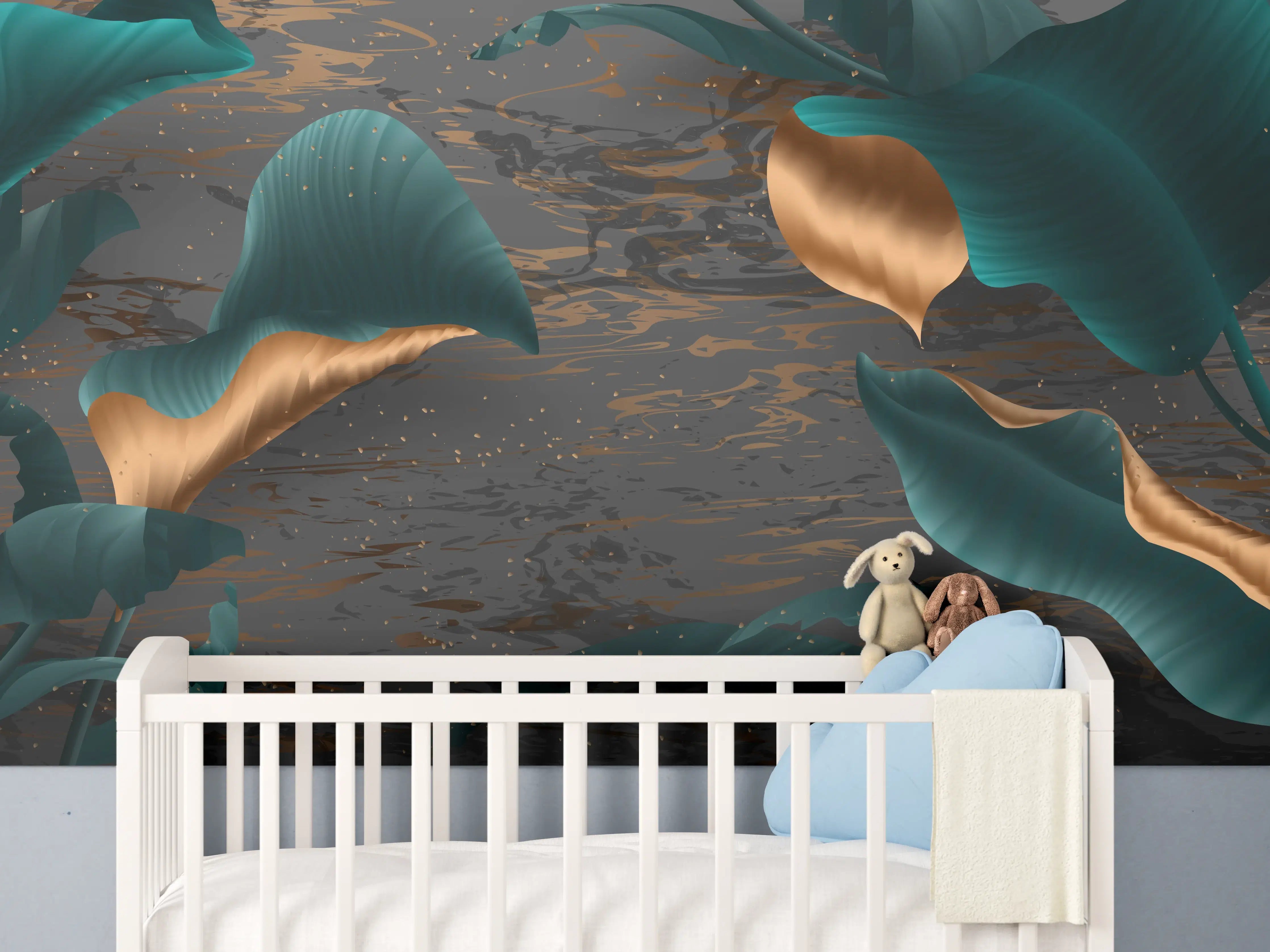Babyzimmer Wandgestaltung - Abendlicher Dschungel Goldakzent