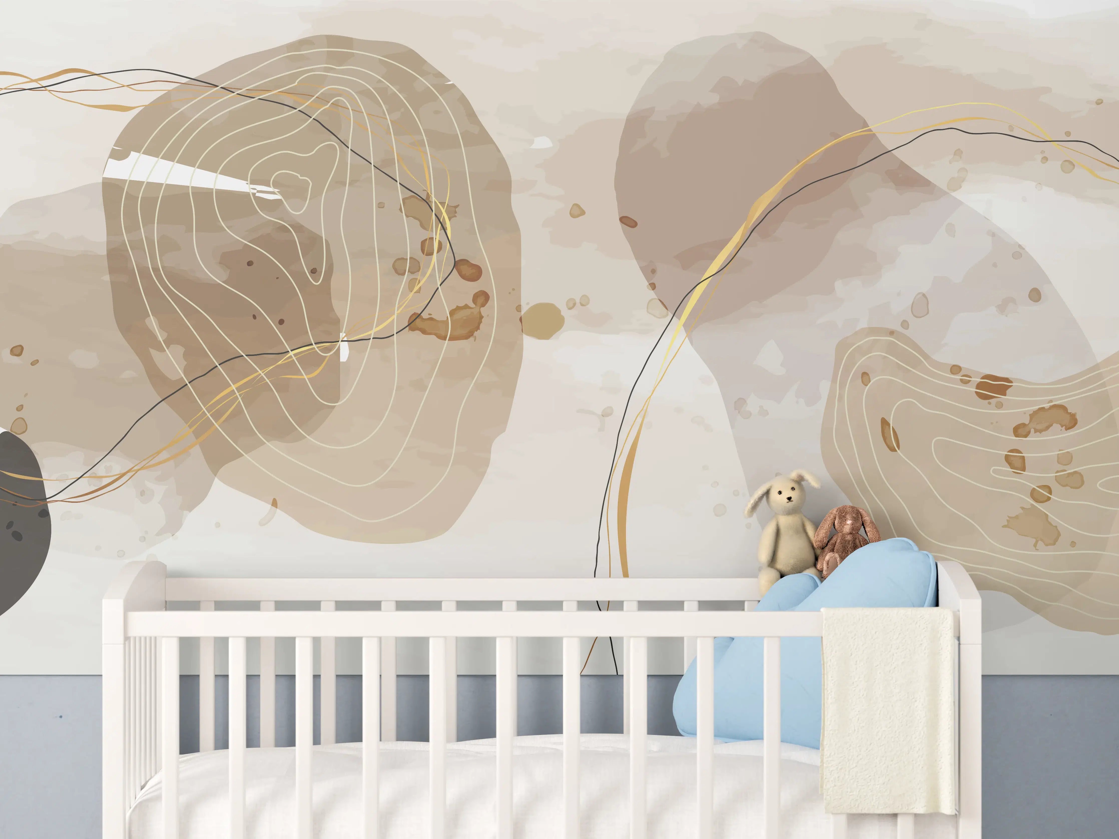 Babyzimmer Wandgestaltung - Abstrakte Beige-Braune Linienkunst