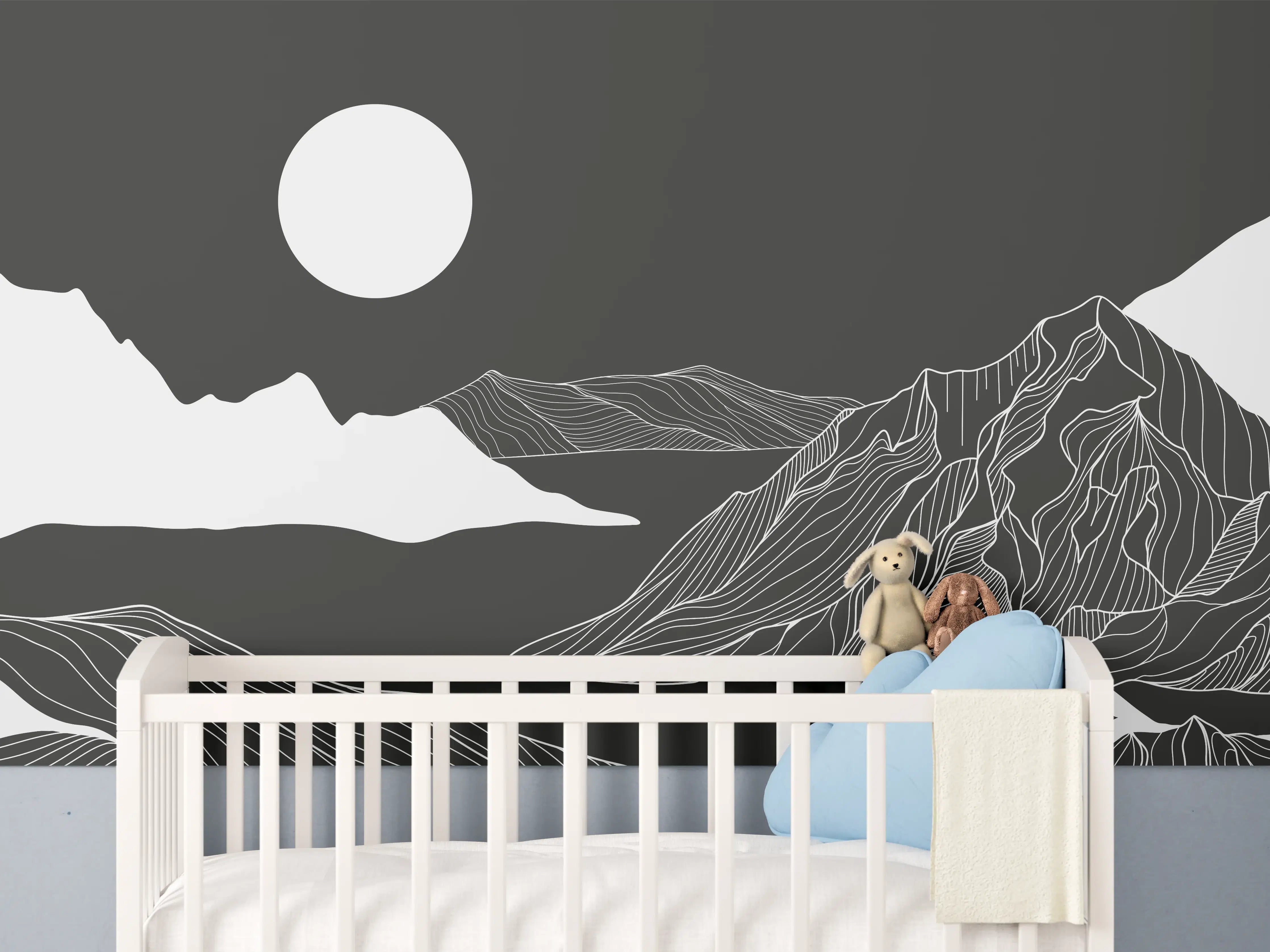 Babyzimmer Wandgestaltung - Abstrakte Berglandschaft in Monochrom