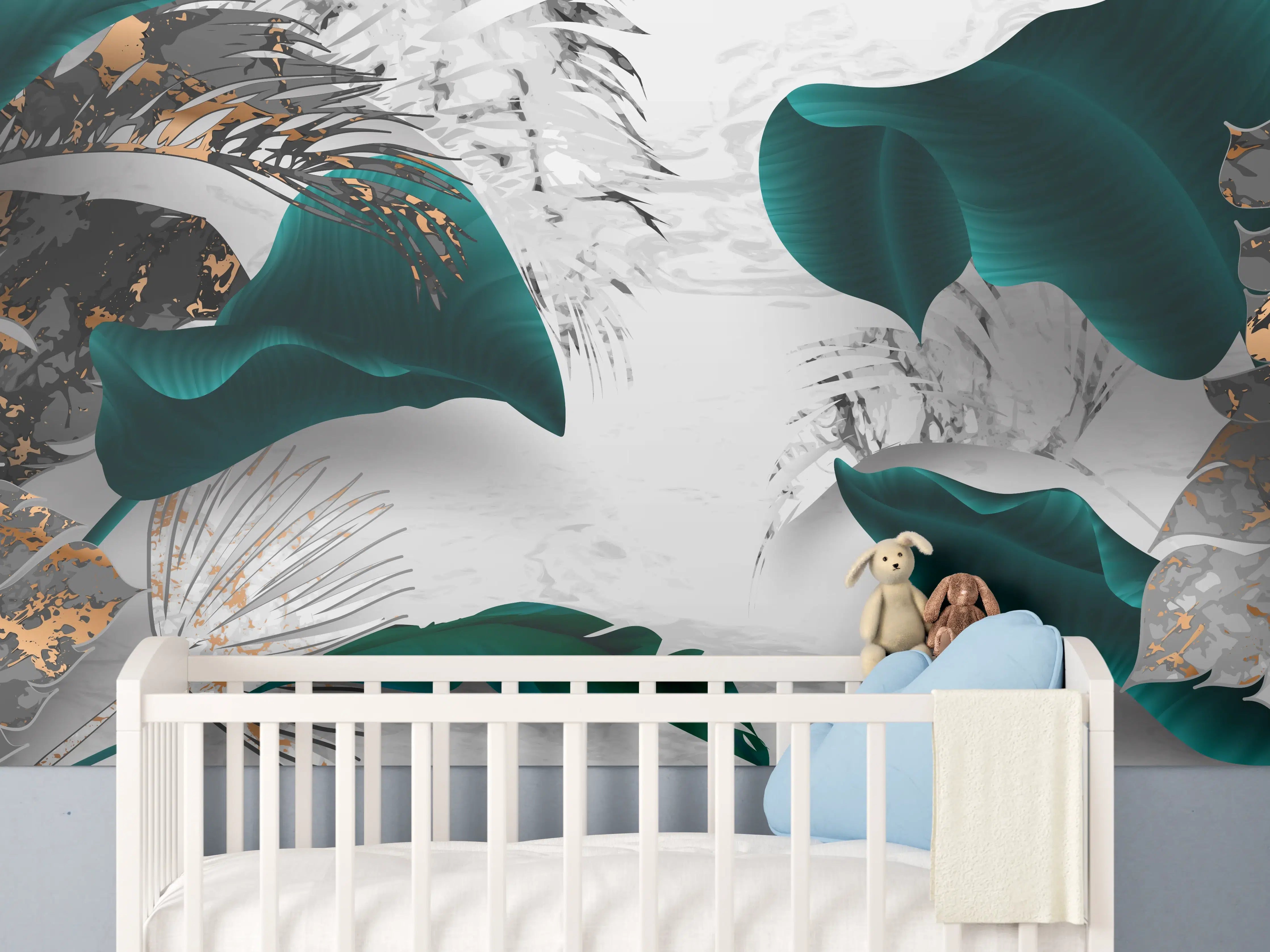 Babyzimmer Wandgestaltung - Abstrakte Blatt Gold Grau Kunst