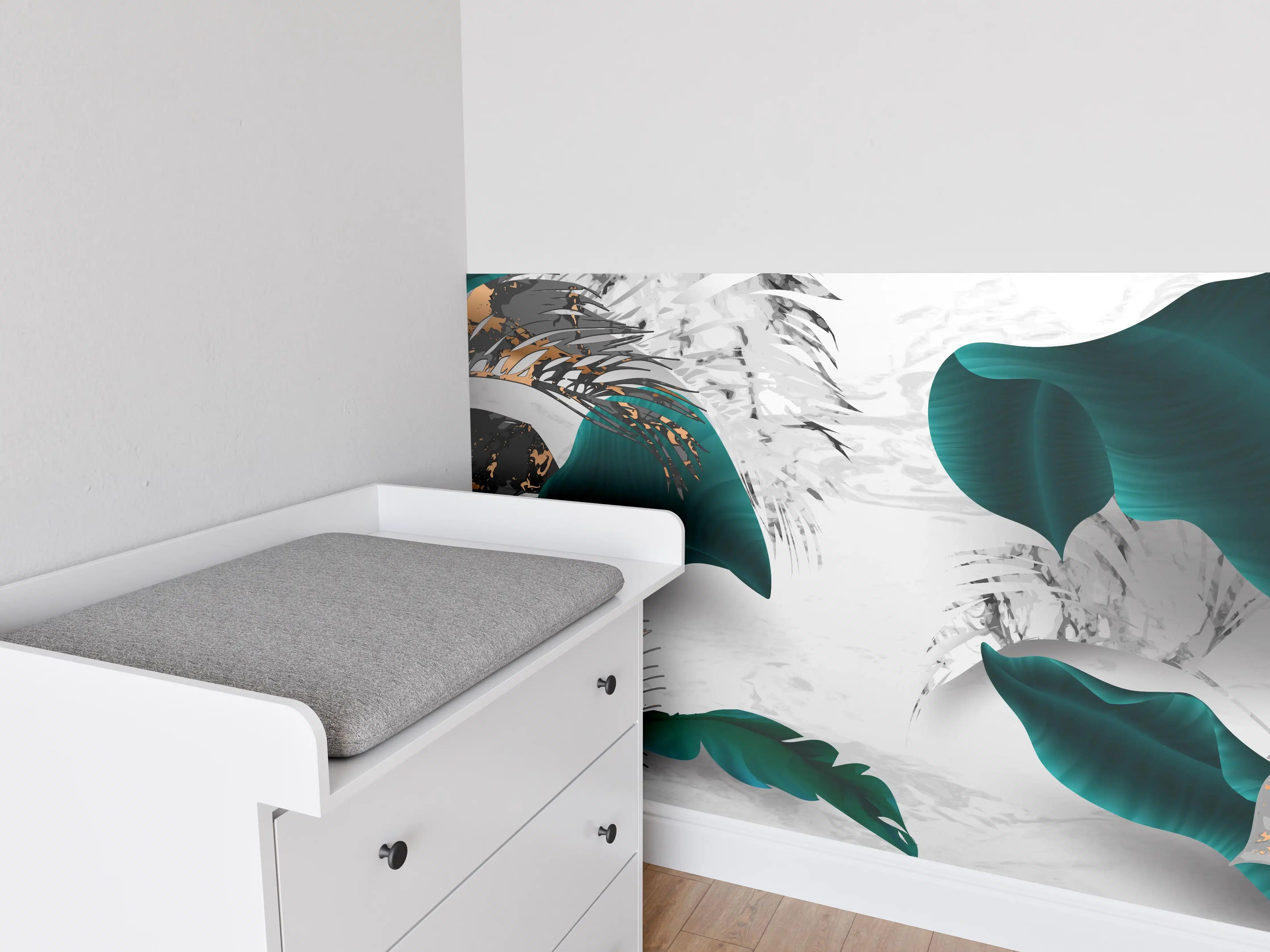 Babyzimmer Wandgestaltung - Abstrakte Blatt Gold Grau Kunst