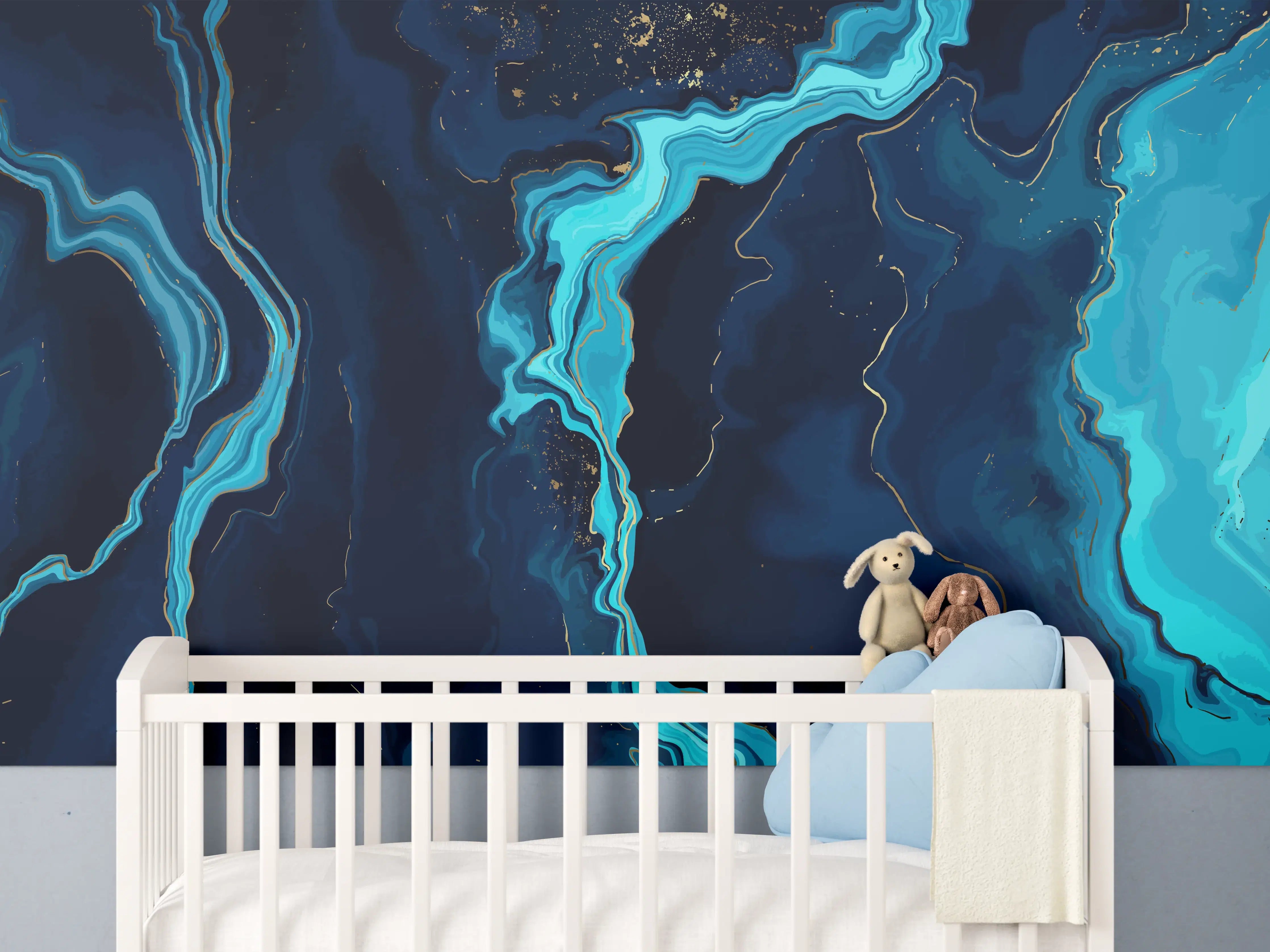 Babyzimmer Wandgestaltung - Abstrakte Blau-Türkis Fließkunst