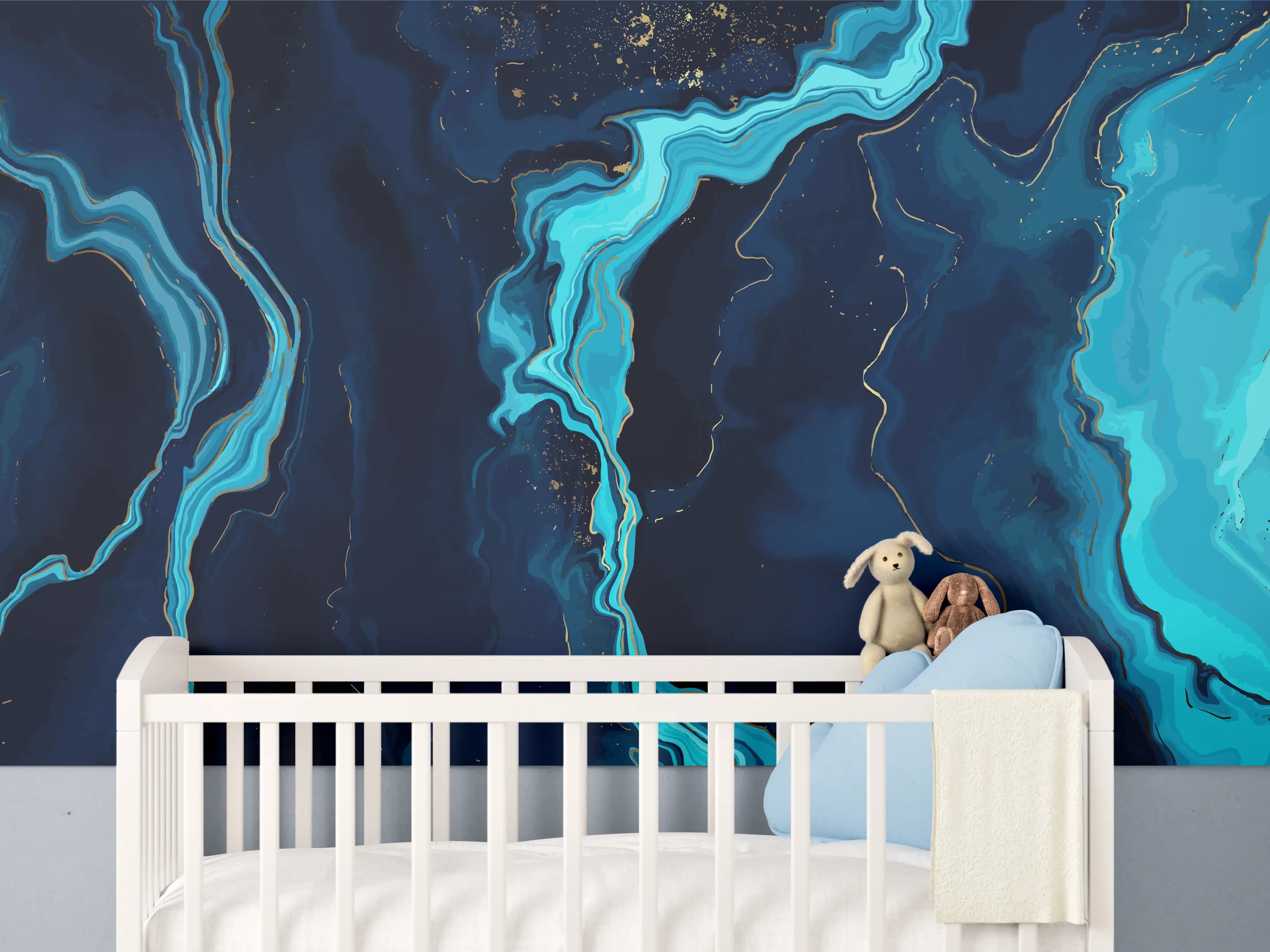Babyzimmer Wandgestaltung - Abstrakte Blau-Türkis Strömungen