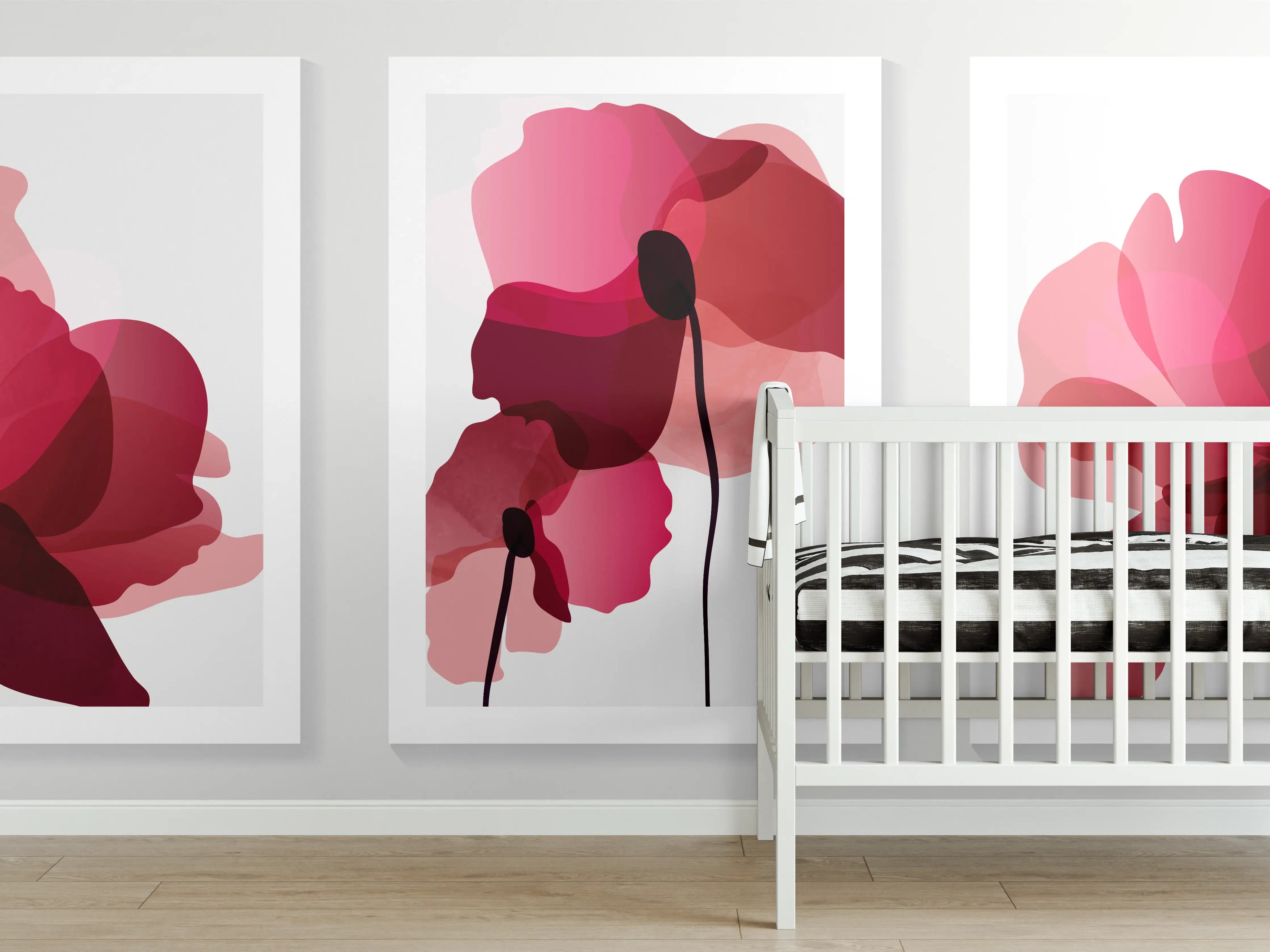 Babyzimmer Wandgestaltung - Abstrakte Blüten Rot-Pink