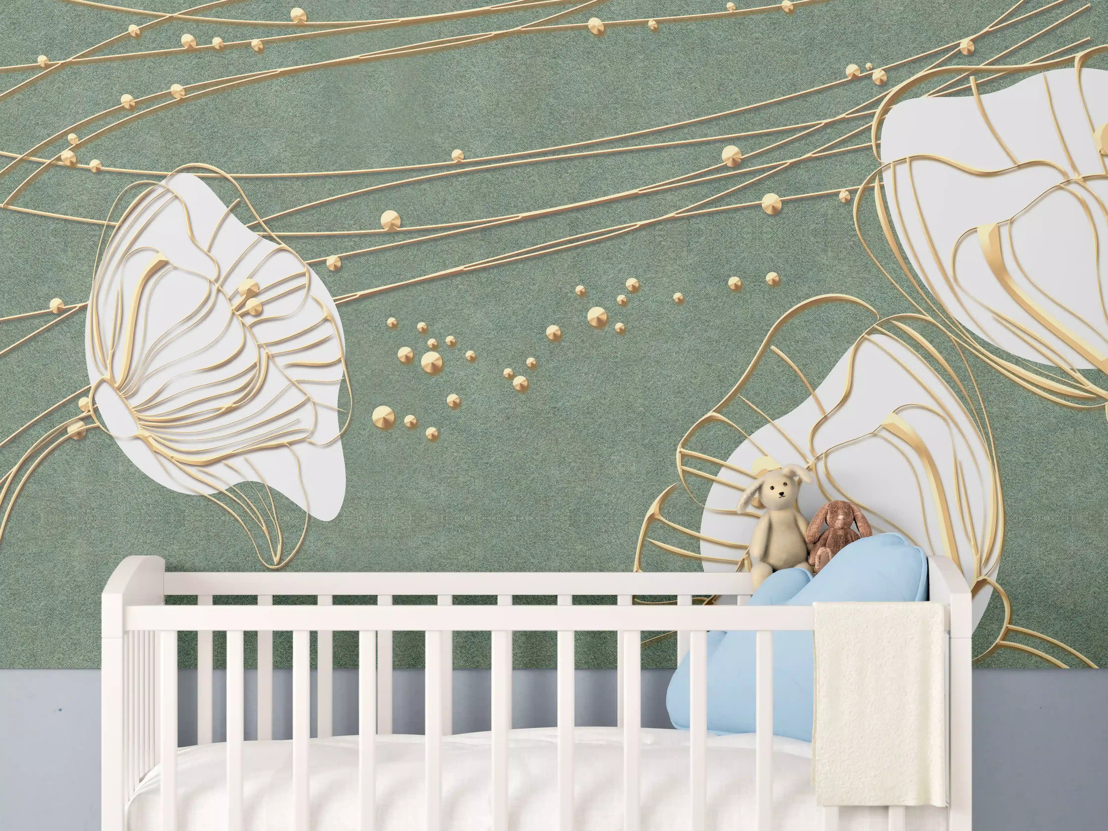 Babyzimmer Wandgestaltung - Abstrakte Blumen Beige Grün