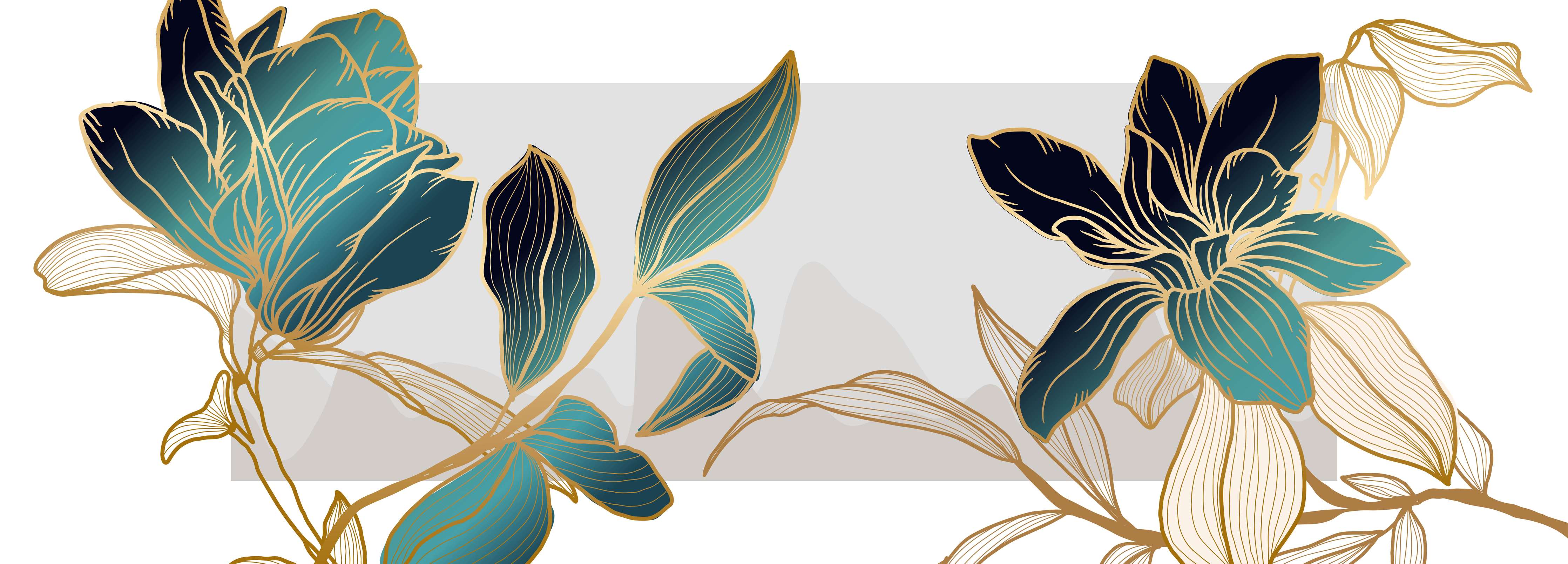 Babyzimmer Wandgestaltung-Abstrakte Blumen Gold-Blau Illustration