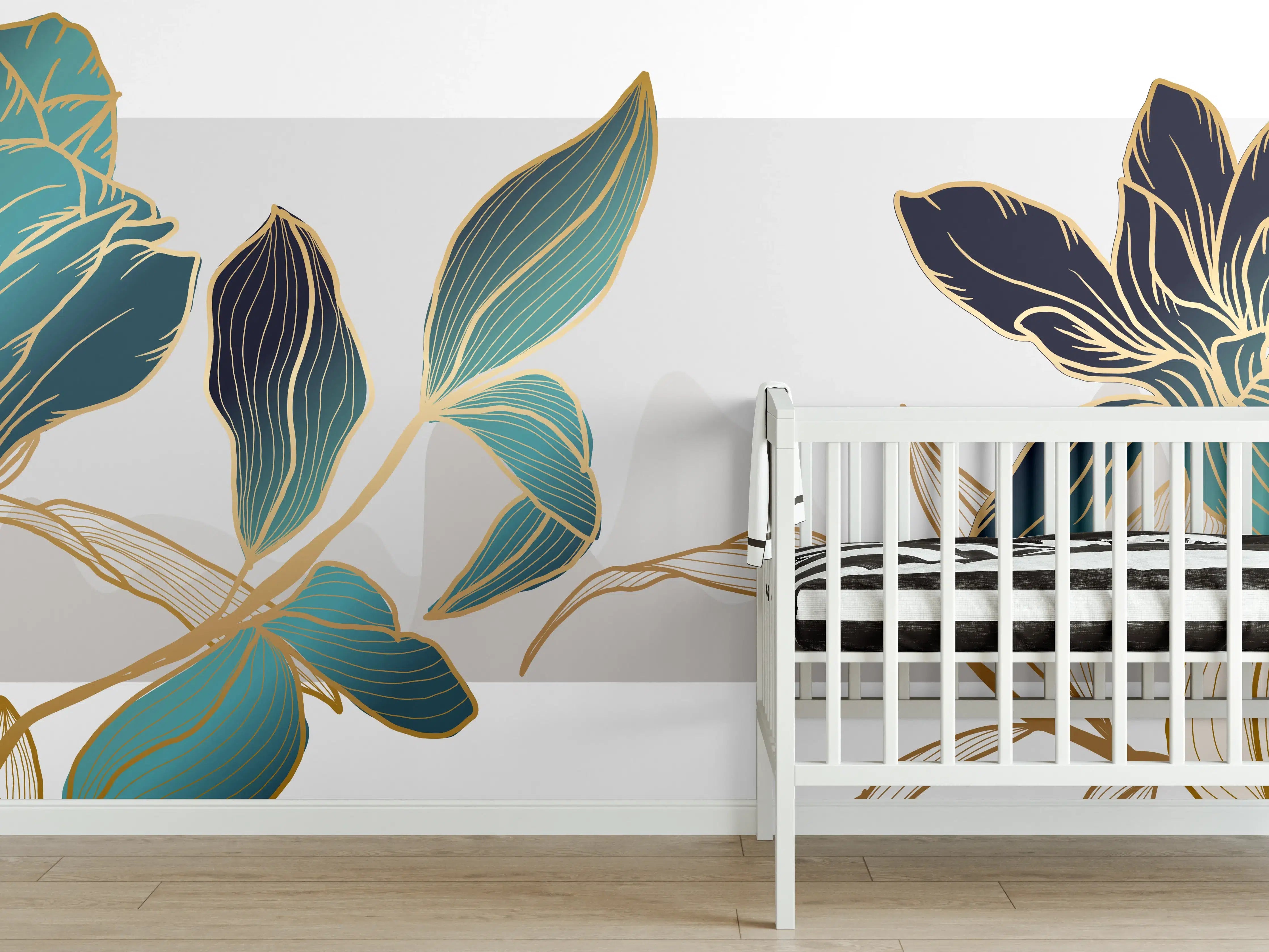 Babyzimmer Wandgestaltung - Abstrakte Blumen Gold-Blau Illustration