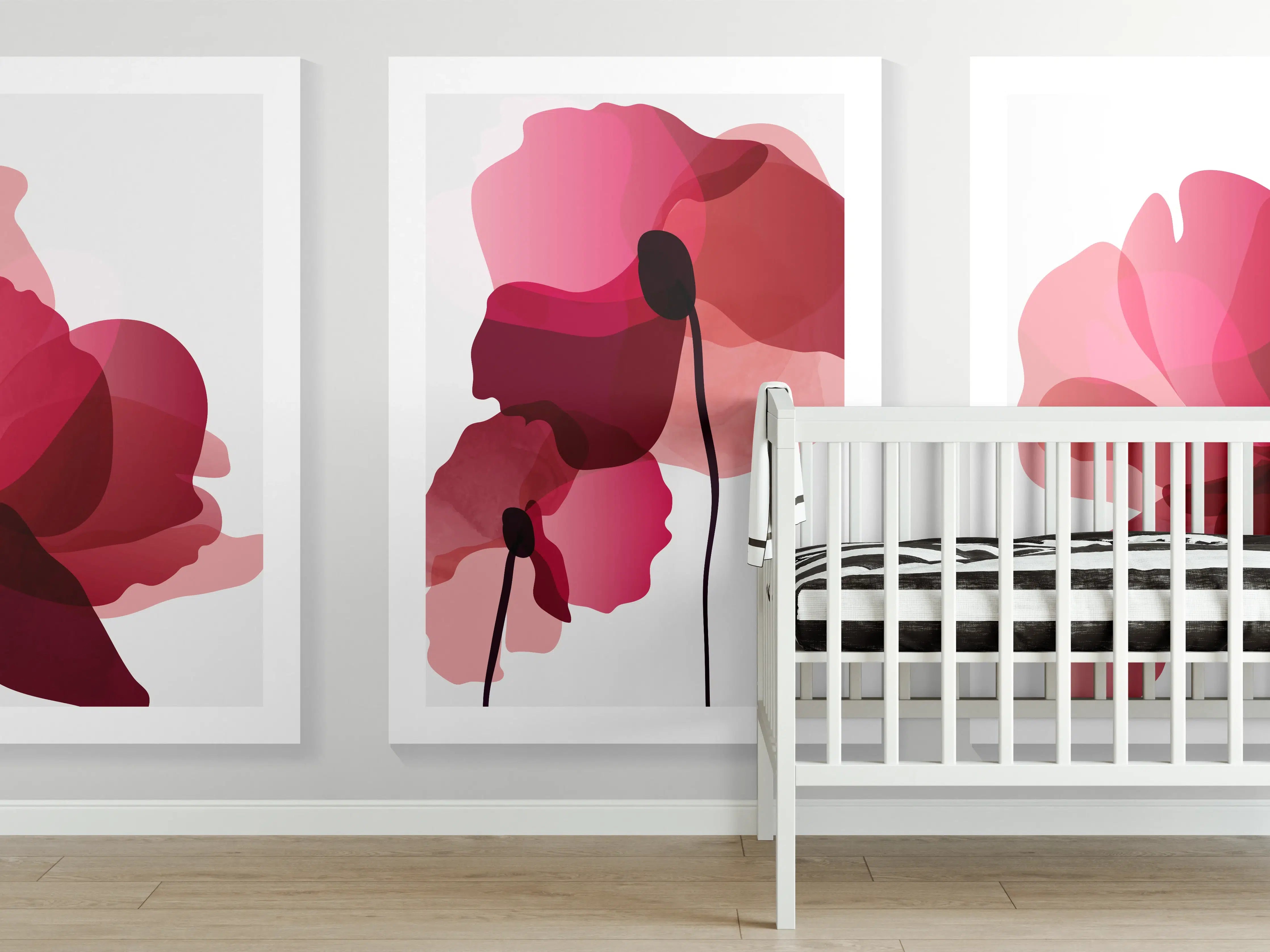 Babyzimmer Wandgestaltung - Abstrakte Blumen Triptychon Rot
