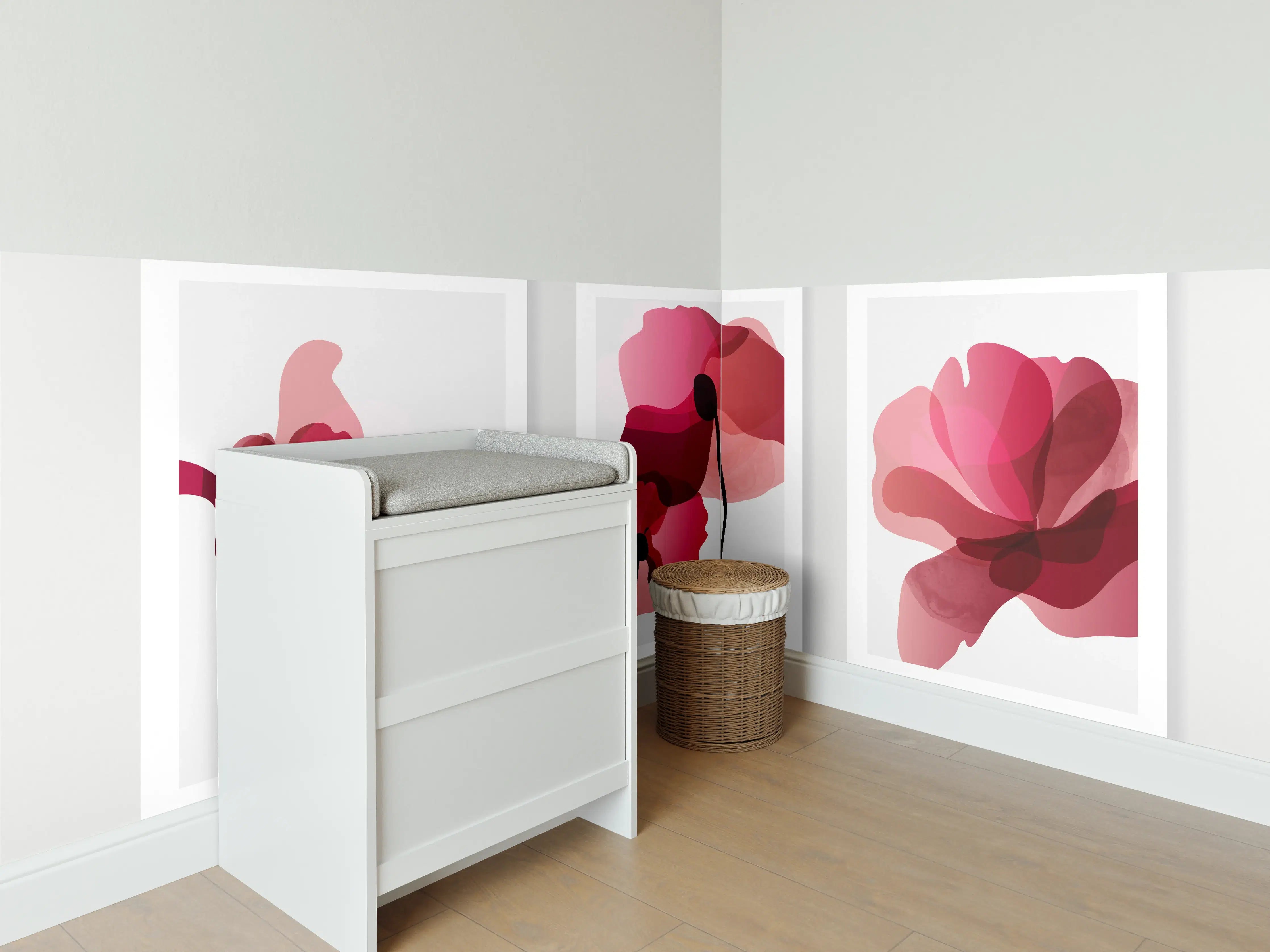 Babyzimmer Wandgestaltung - Abstrakte Blumen Triptychon Rot