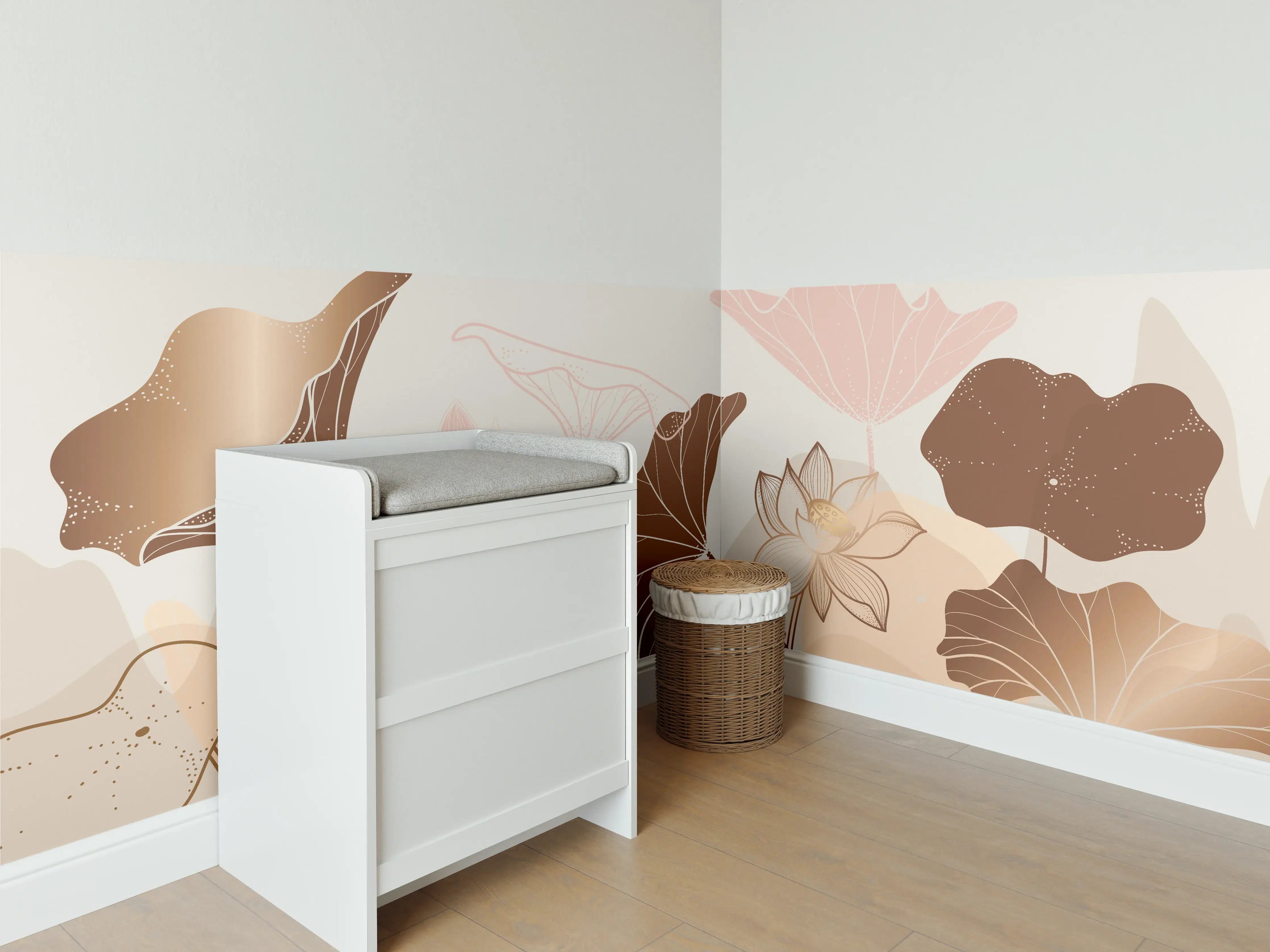 Babyzimmer Wandgestaltung - Abstrakte Blumen Zeichnung Beige
