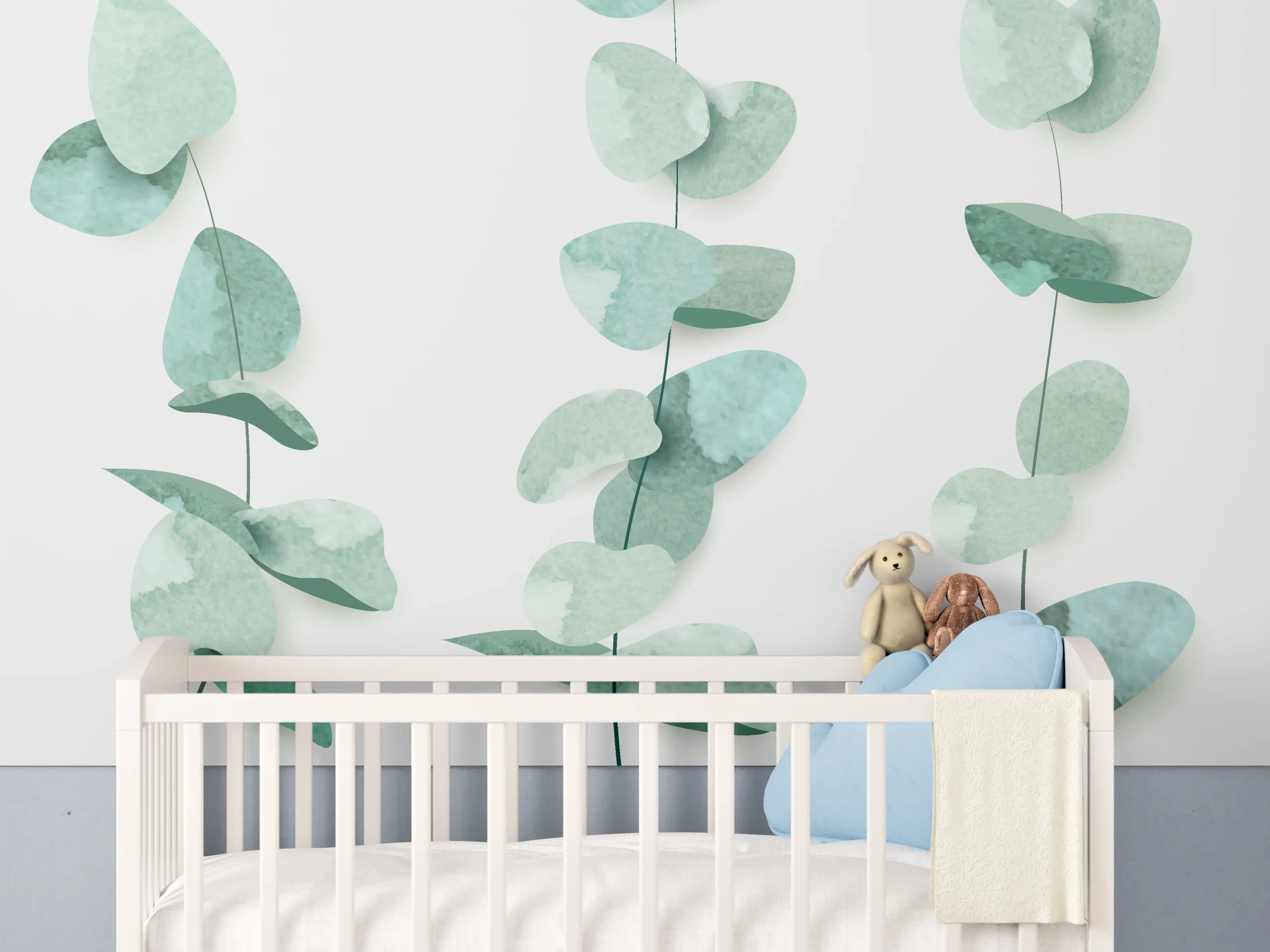 Babyzimmer Wandgestaltung - Abstrakte Eukalyptus Aquarell Kunst