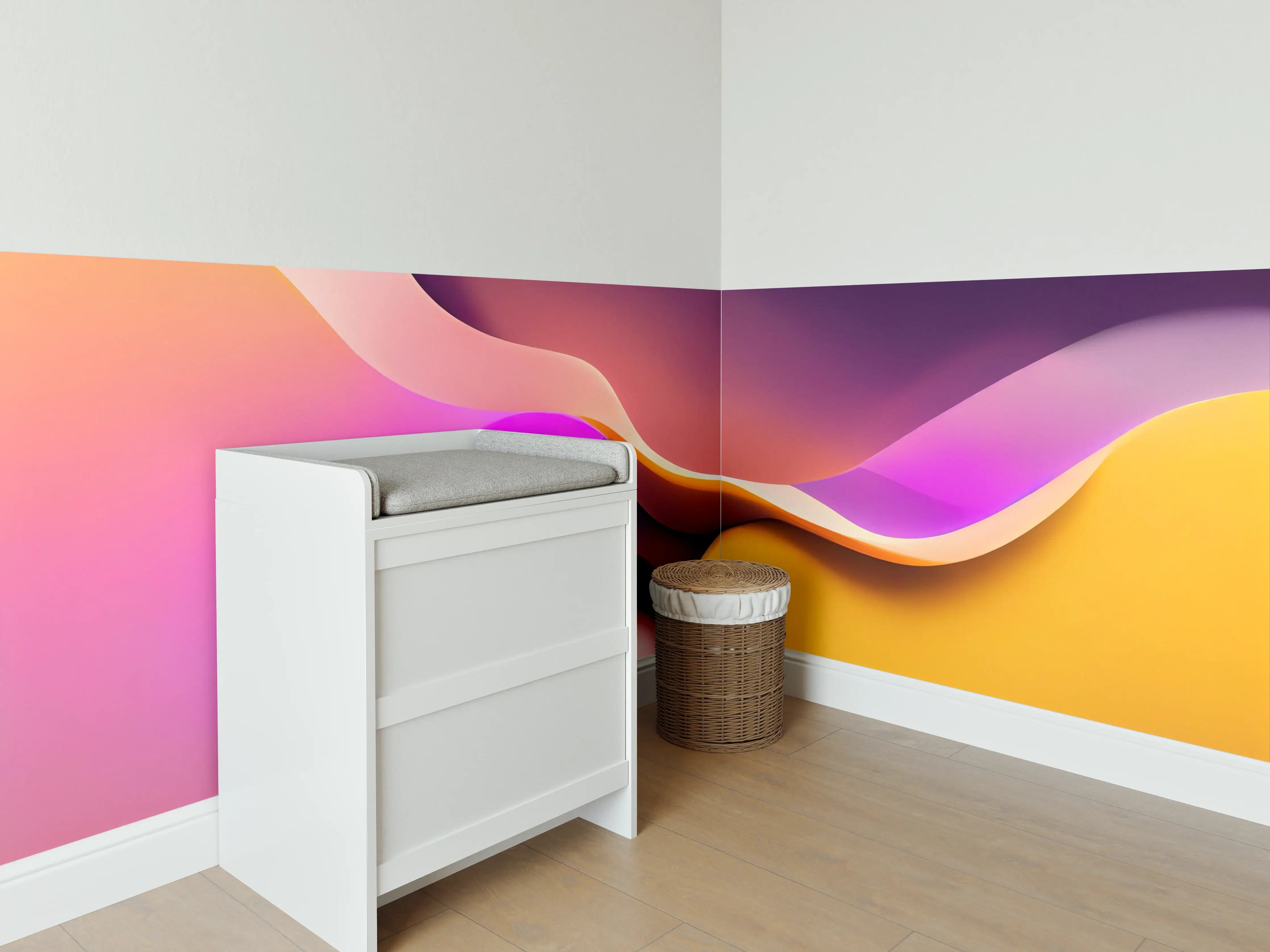 Babyzimmer Wandgestaltung - Abstrakte Farbenspiele in Pink, Violett und Gelb