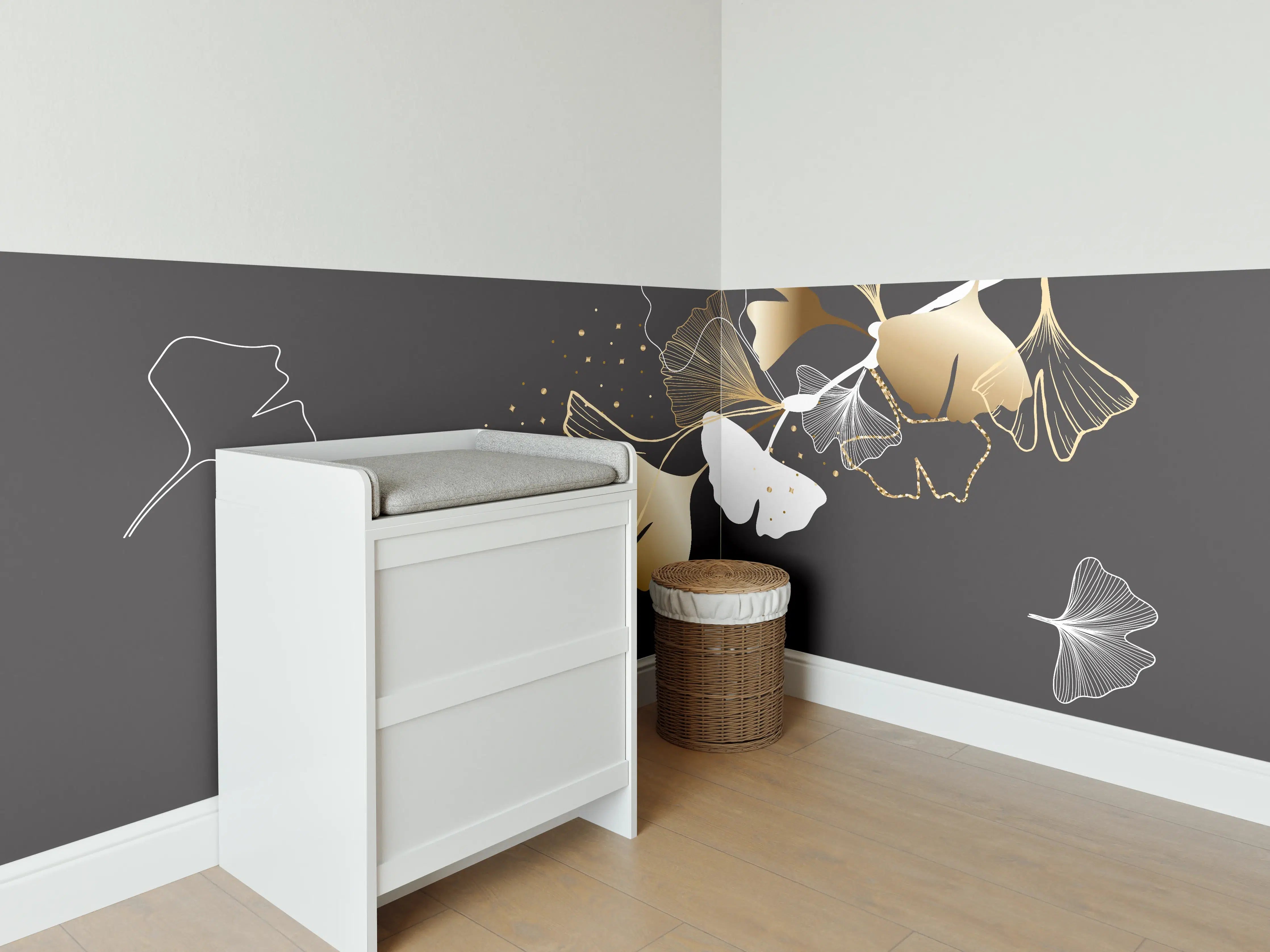 Babyzimmer Wandgestaltung - Abstrakte Ginkgo Muster Gold Schwarz