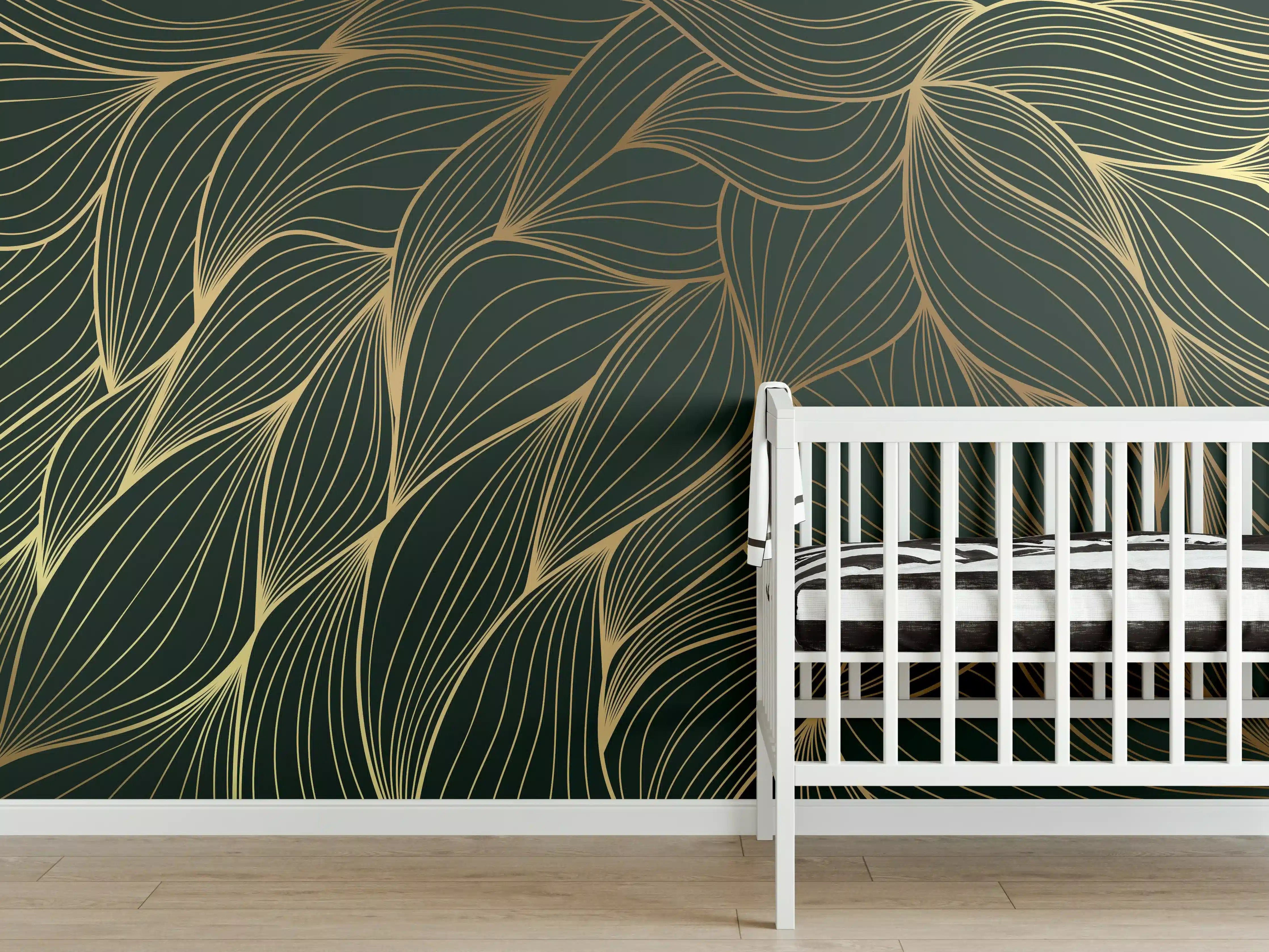 Babyzimmer Wandgestaltung - Abstrakte Gold-Grün-Wellenmuster