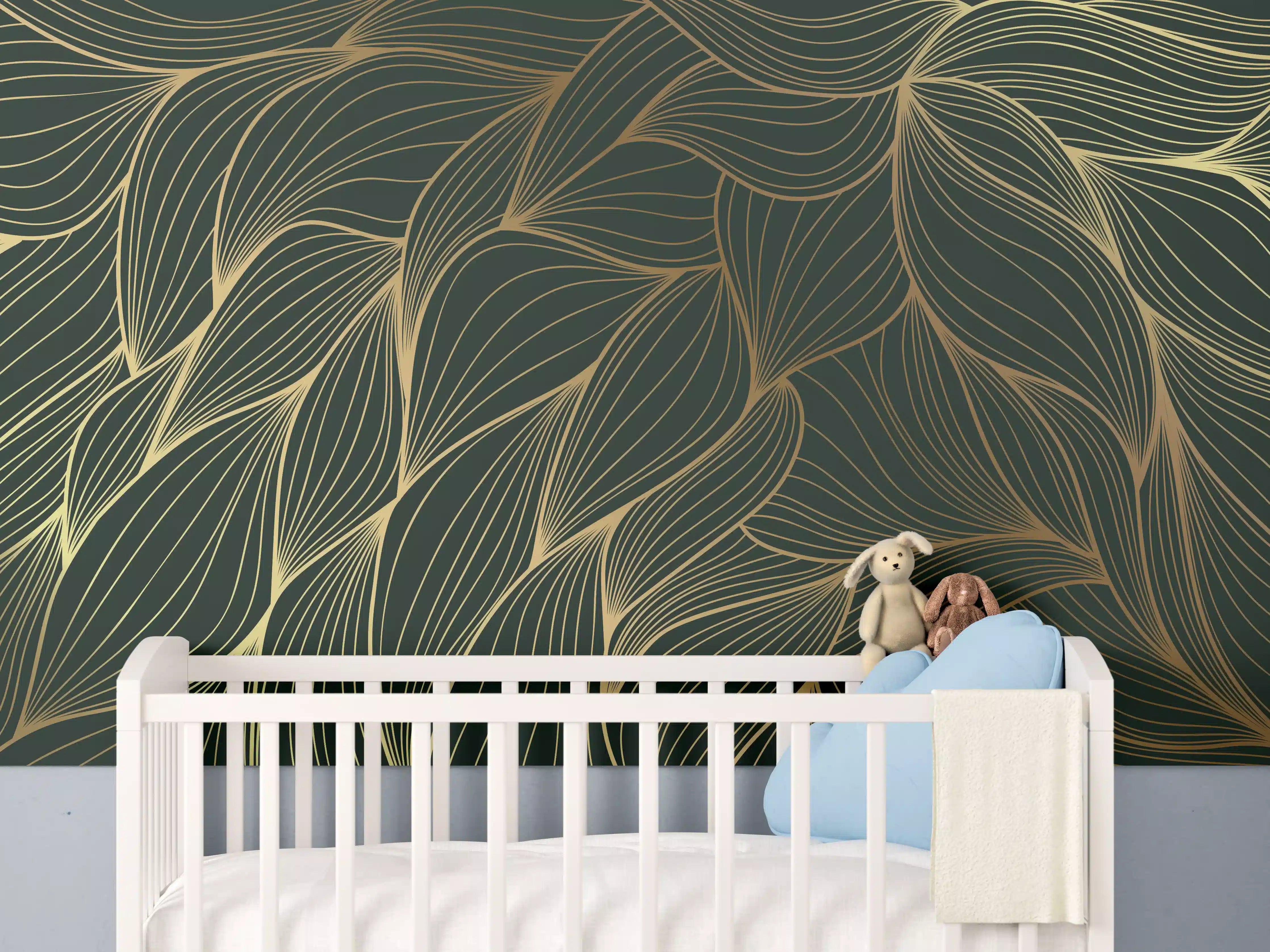 Babyzimmer Wandgestaltung - Abstrakte Gold-Grün-Wellenmuster