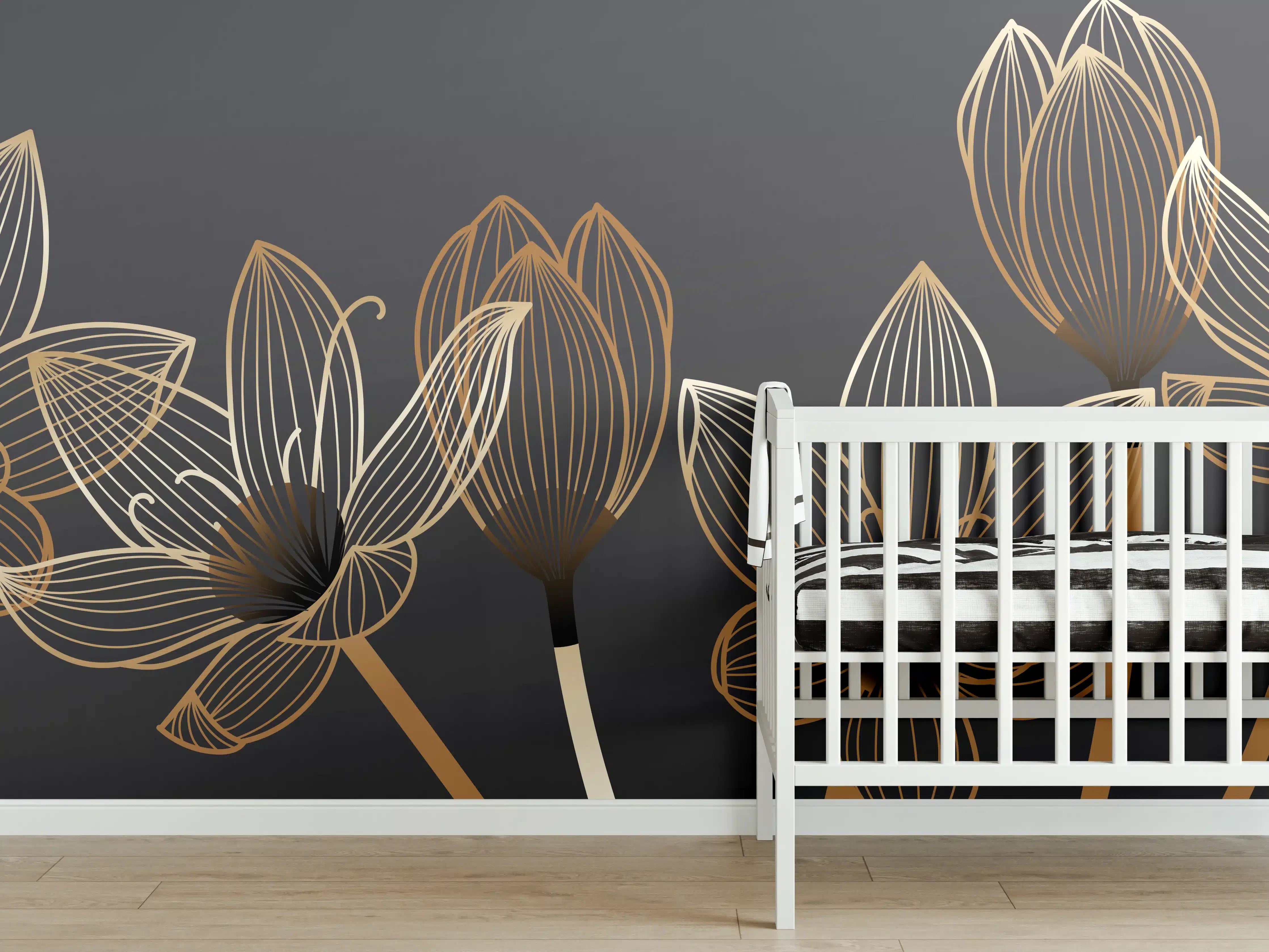 Babyzimmer Wandgestaltung - Abstrakte Gold-Schwarz Blumen Linienart
