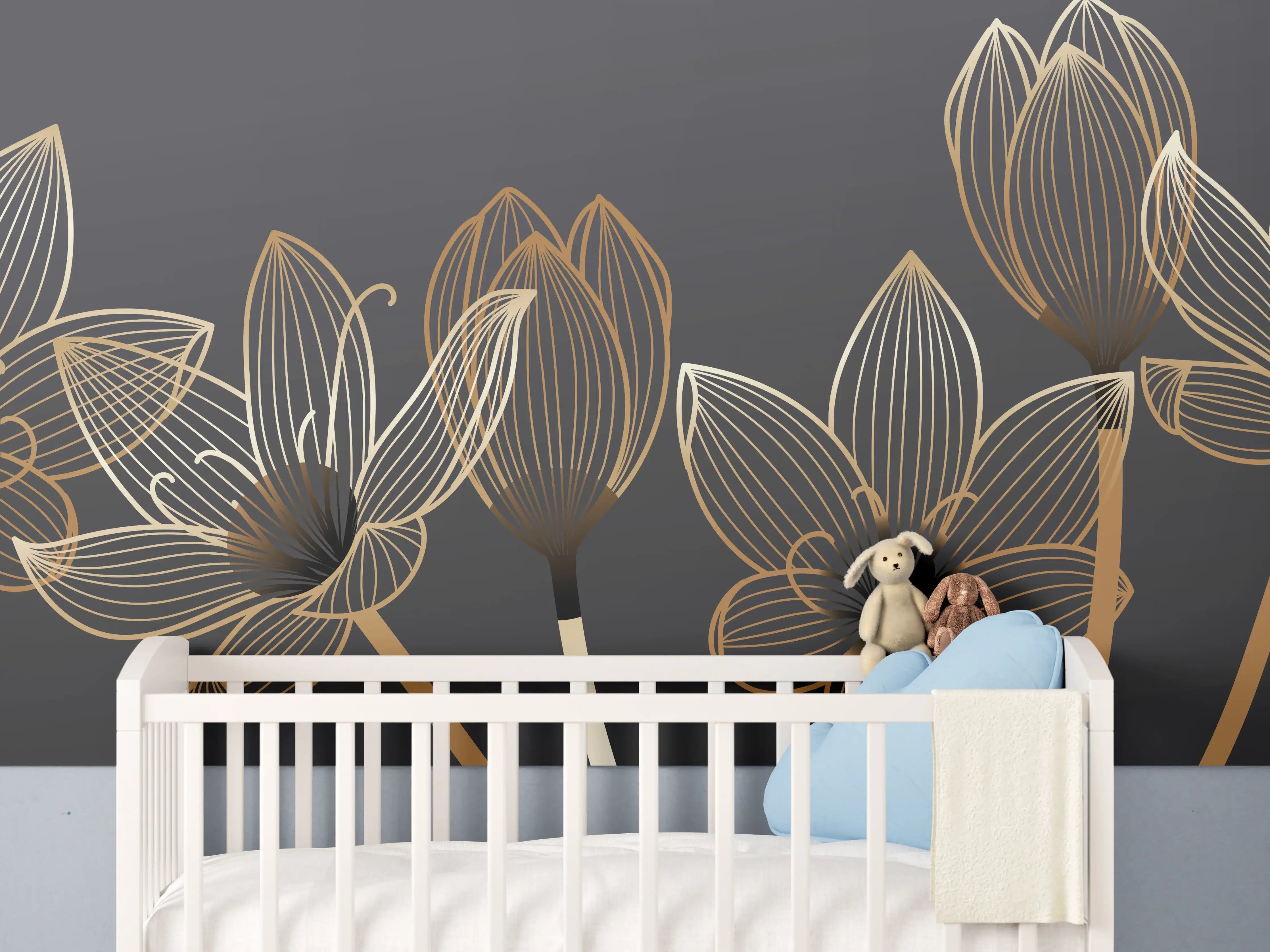 Babyzimmer Wandgestaltung - Abstrakte Gold-Schwarz Blumen Linienart