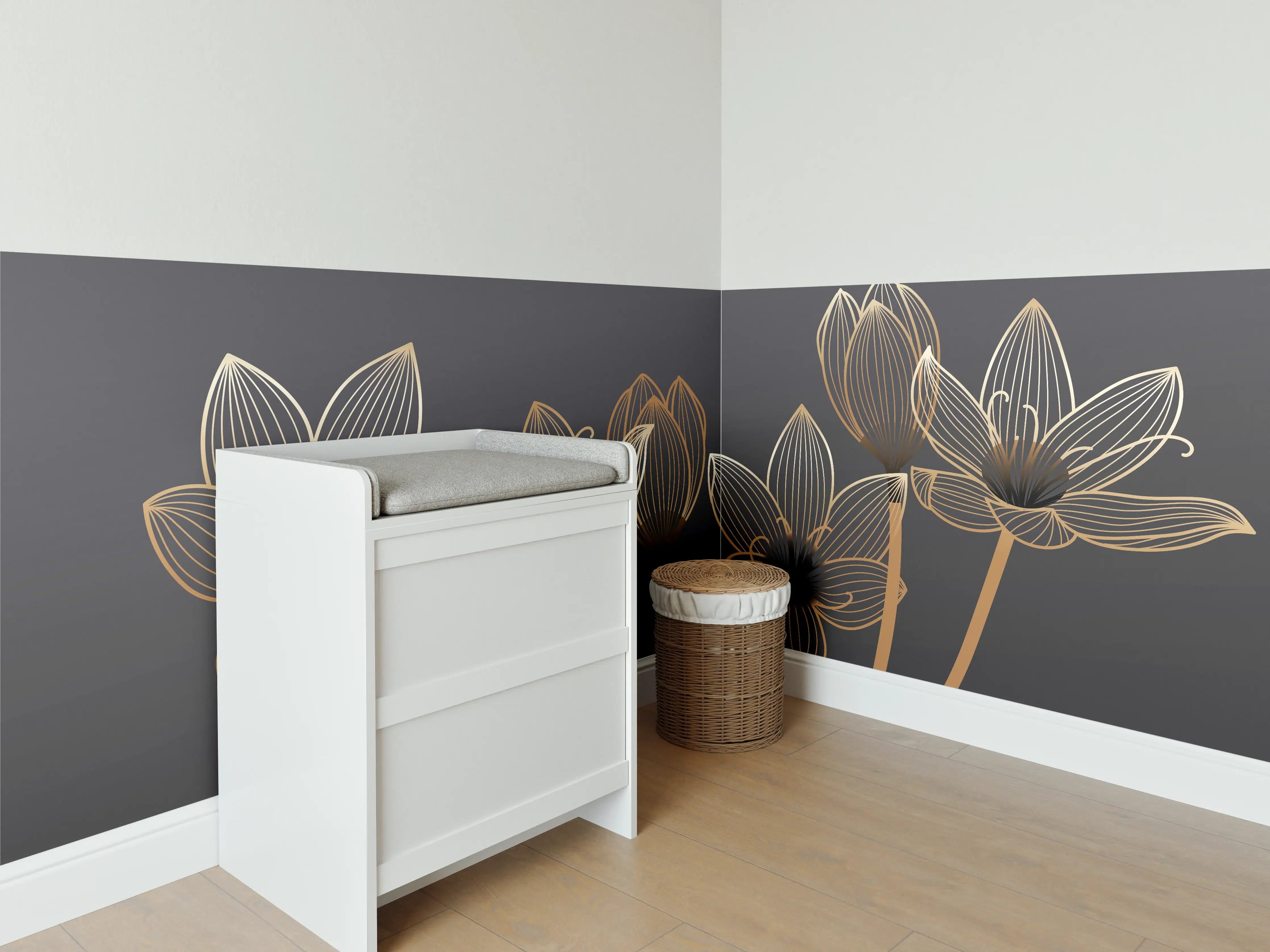 Babyzimmer Wandgestaltung - Abstrakte Gold-Schwarz Blumen Linienart