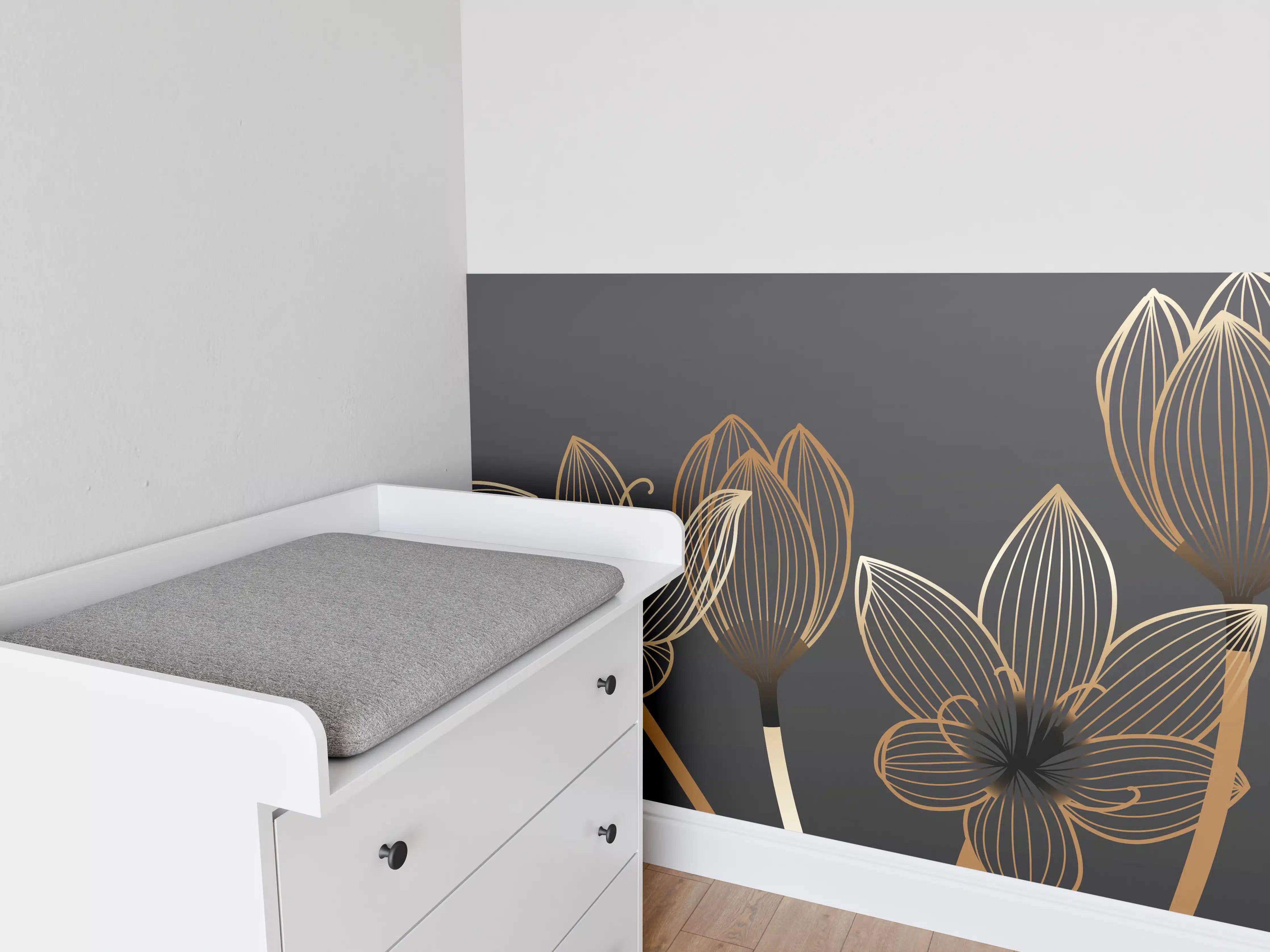 Babyzimmer Wandgestaltung - Abstrakte Gold-Schwarz Blumen Linienart